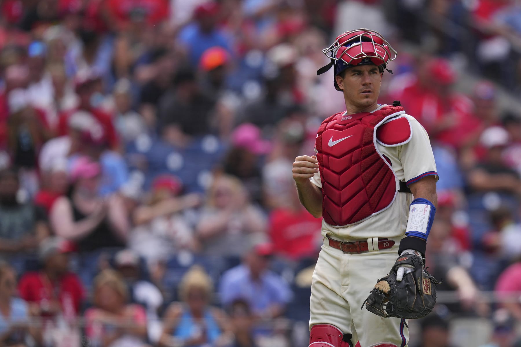PHILADELPHIA, PA - AUGUST 28: J.T. Realmuto #10 of the Philadelphia Phillies looks on against the Pittsburgh Pirates at Citizens Bank Park on August 28, 2022 in Philadelphia, Pennsylvania. The Pirates defeated the Phillies 5-0. (Photo by Mitchell Leff/Getty Images)