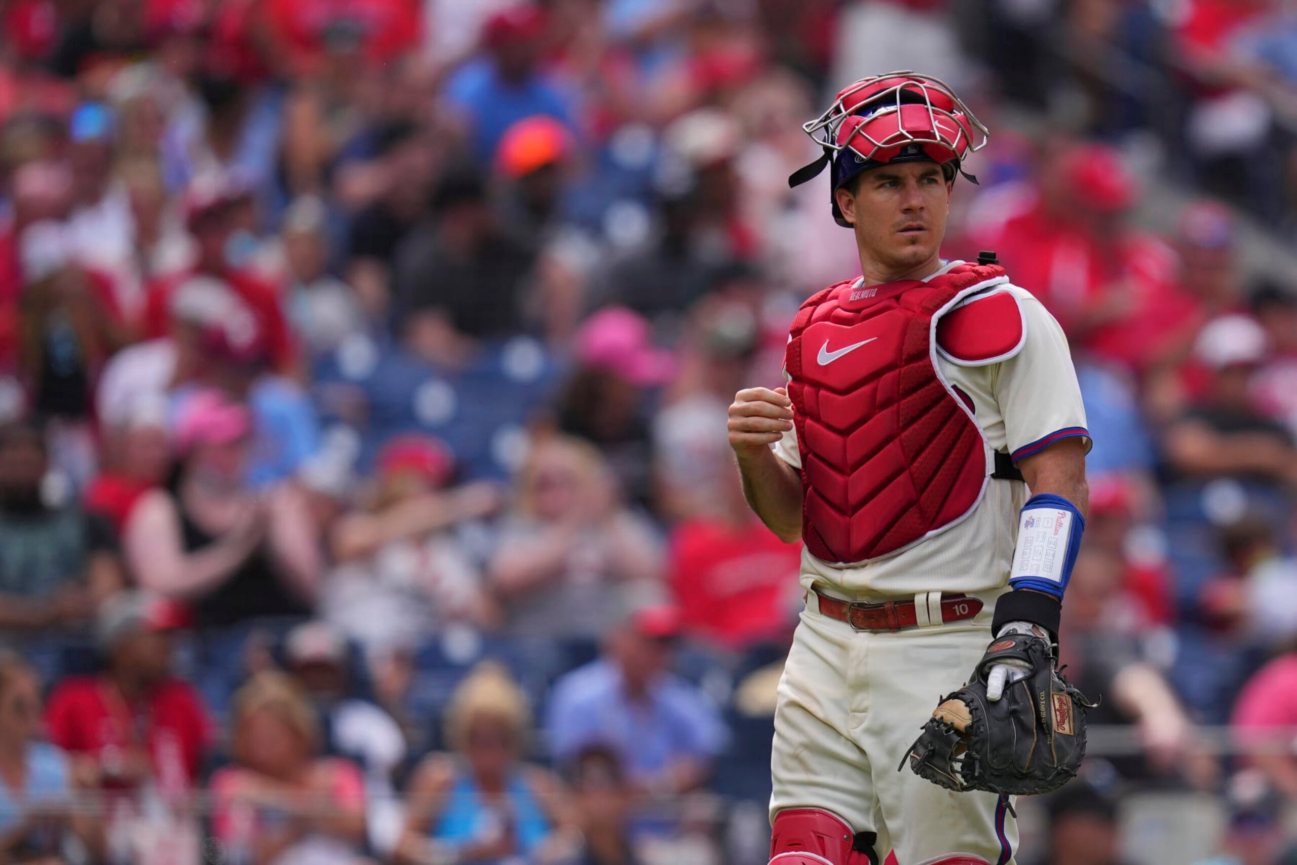 PHILADELPHIA, PA - AUGUST 28: J.T. Realmuto #10 of the Philadelphia Phillies looks on against the Pittsburgh Pirates at Citizens Bank Park on August 28, 2022 in Philadelphia, Pennsylvania. The Pirates defeated the Phillies 5-0. (Photo by Mitchell Leff/Getty Images)