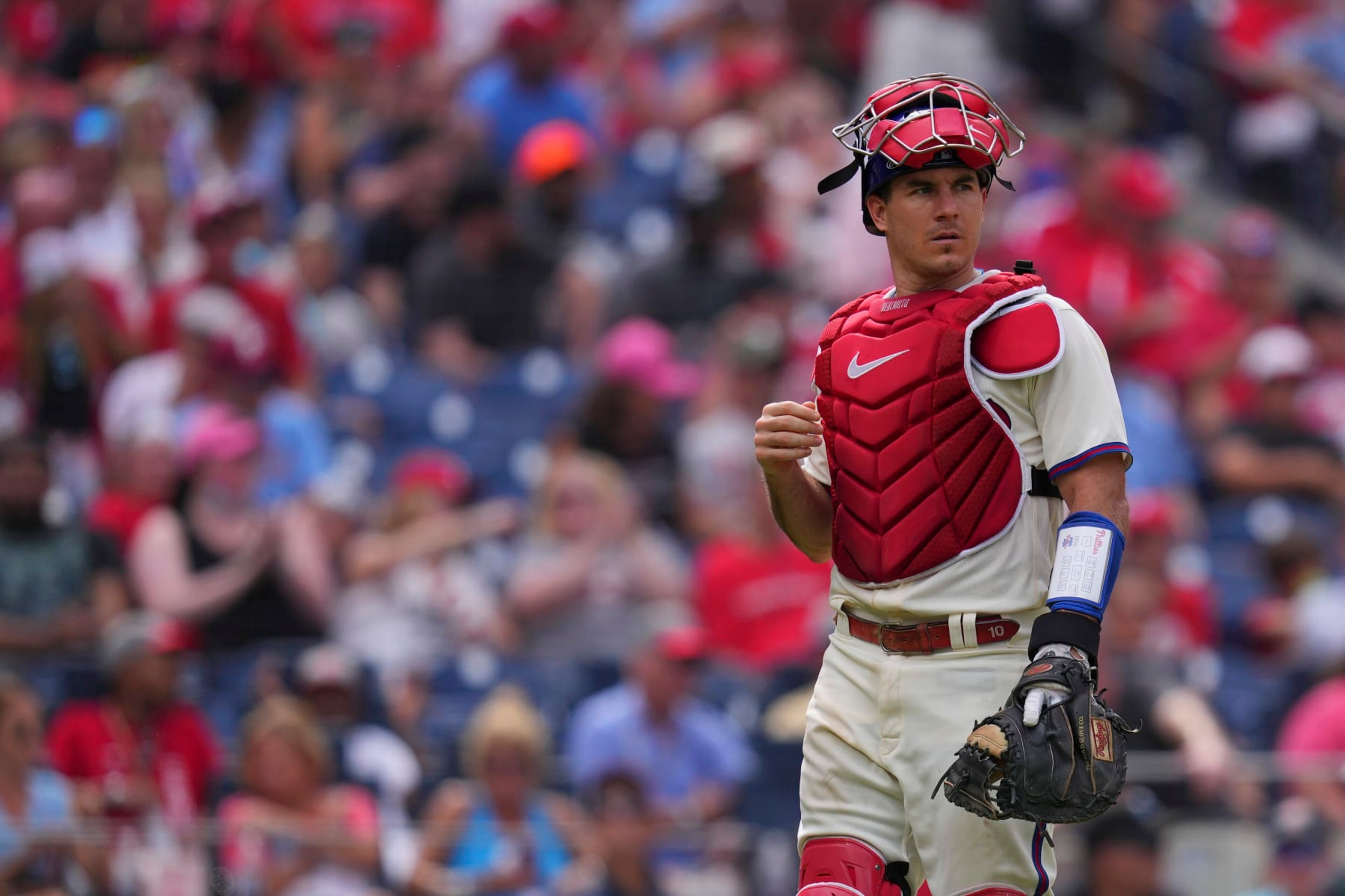 PHILADELPHIA, PA - AUGUST 28: J.T. Realmuto #10 of the Philadelphia Phillies looks on against the Pittsburgh Pirates at Citizens Bank Park on August 28, 2022 in Philadelphia, Pennsylvania. The Pirates defeated the Phillies 5-0. (Photo by Mitchell Leff/Getty Images)