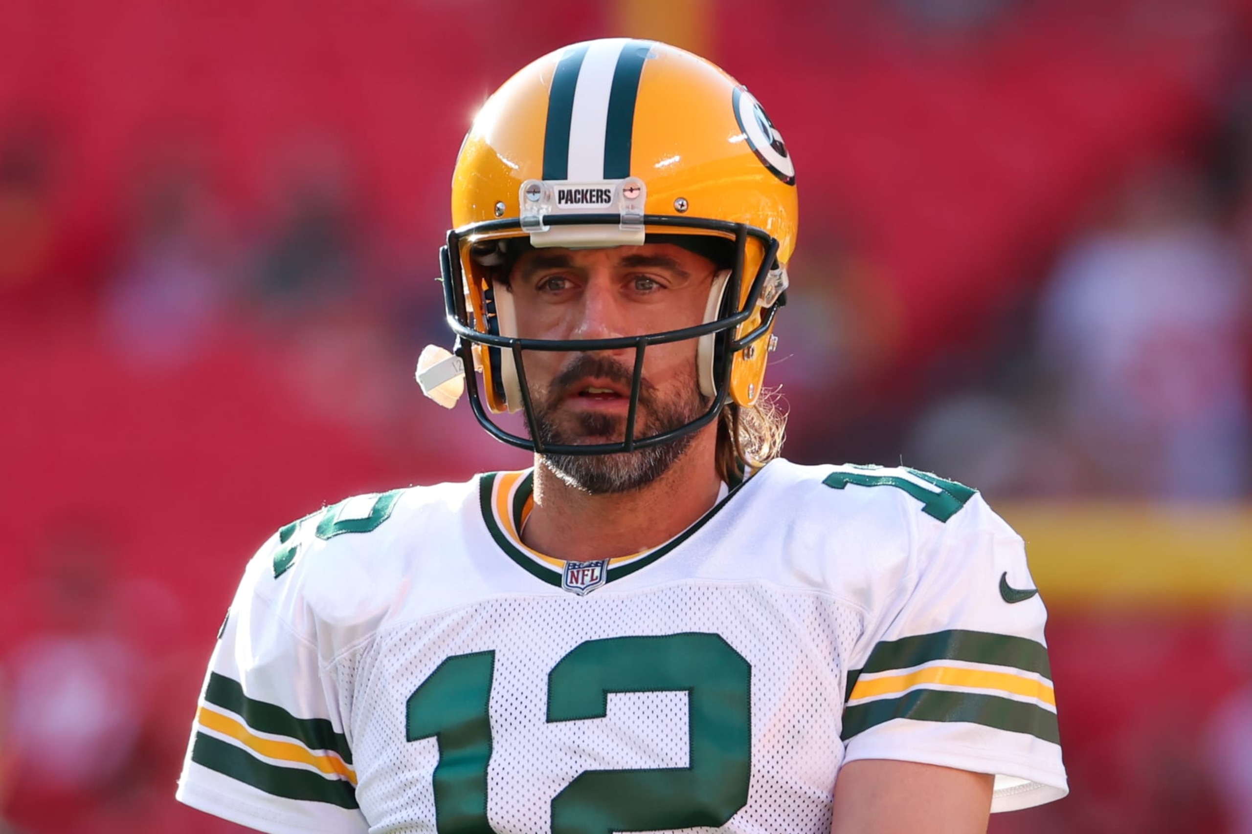 KANSAS CITY, MO - AUGUST 25: Green Bay Packers quarterback Aaron Rodgers (12) before an NFL preseason game between the Green Bay Packers and Kansas City Chiefs on August 25, 2022 at GEHA Field at Arrowhead Stadium in Kansas City, MO. (Photo by Scott Winters/Icon Sportswire via Getty Images) KANSAS CITY, MO - AUGUST 25: Green Bay Packers quarterback Aaron Rodgers (12) before an NFL preseason game between the Green Bay Packers and Kansas City Chiefs on August 25, 2022 at GEHA Field at Arrowhead Stadium in Kansas City, MO. (Photo by Scott Winters/Icon Sportswire via Getty Images)