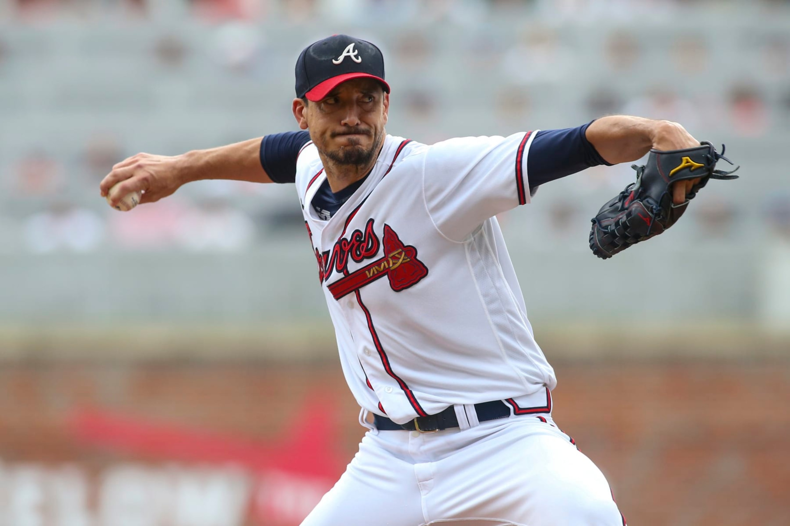 ATLANTA, GA - AUGUST 21: Charlie Morton #50 of the Atlanta Braves pitches against the Houston Astros in the second inning at Truist Park on August 21, 2022 in Atlanta, Georgia. (Photo by Brett Davis/Getty Images)