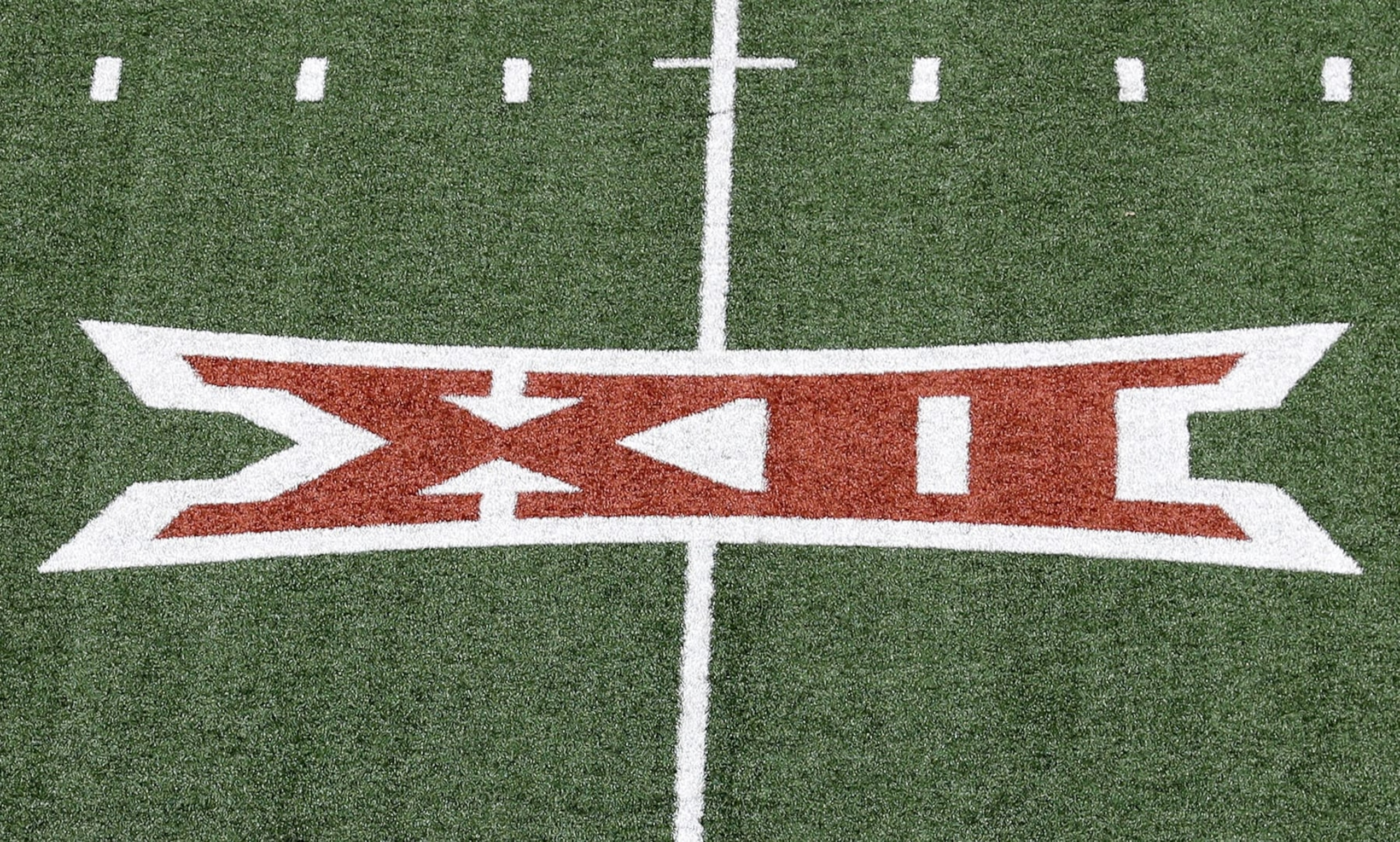 AUSTIN, TEXAS - APRIL 23: A Big 12 logo is seen on the turf during the Orange-White Spring Game at Darrell K Royal-Texas Memorial Stadium on April 23, 2022 in Austin, Texas. (Photo by Tim Warner/Getty Images)