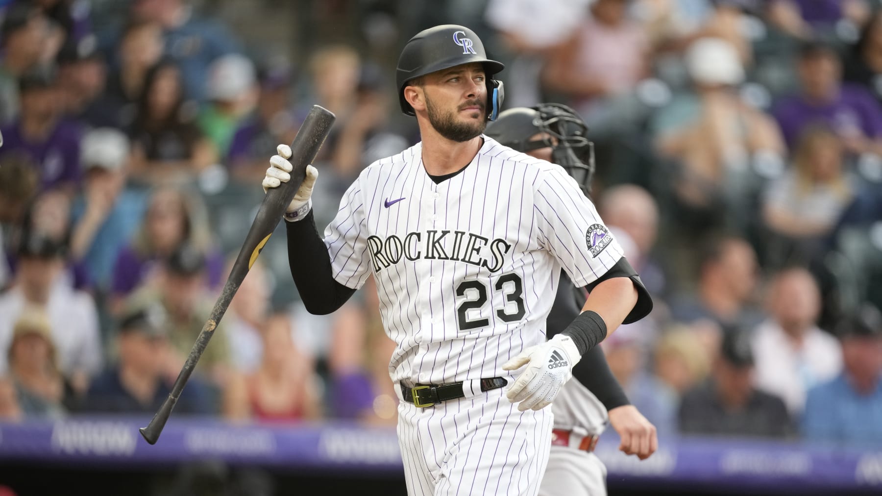 Colorado Rockies left fielder Kris Bryant (23) in the sixth inning of a baseball game Friday, July 1, 2022, in Denver. (AP Photo/David Zalubowski)