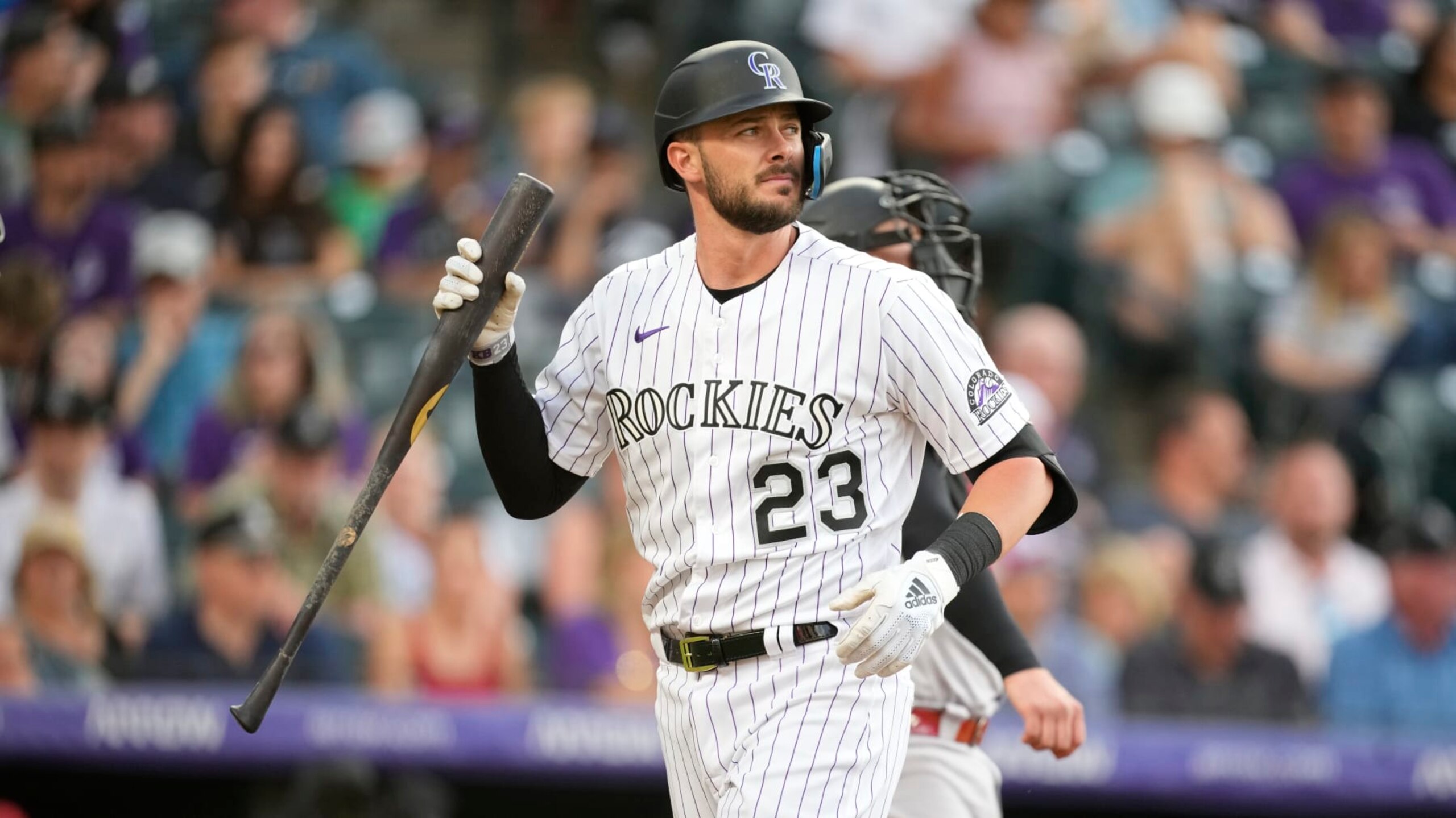 Colorado Rockies left fielder Kris Bryant (23) in the sixth inning of a baseball game Friday, July 1, 2022, in Denver. (AP Photo/David Zalubowski)