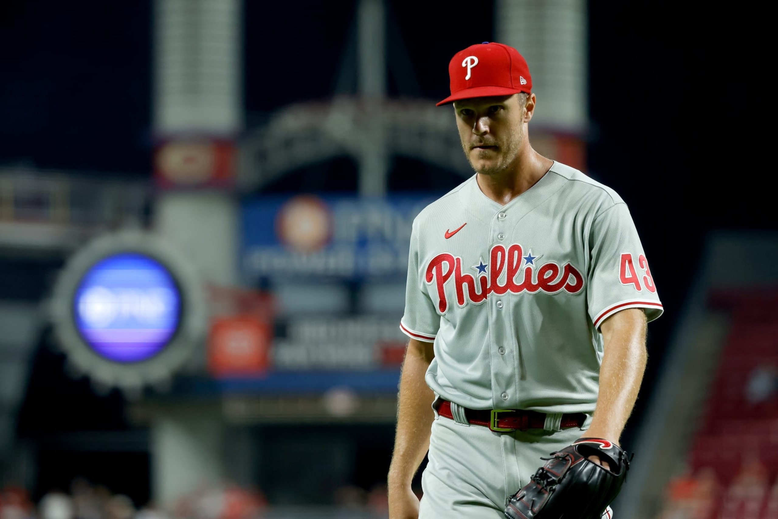 CINCINNATI, OH - AUGUST 15:  Noah Syndergaard #43 of the Philadelphia Phillies walks back to the dugout during the game against the Cincinnati Reds at Great American Ball Park on August 15, 2022 in Cincinnati, Ohio. Philadelphia defeated Cincinnati 4-3. (Photo by Kirk Irwin/Getty Images)