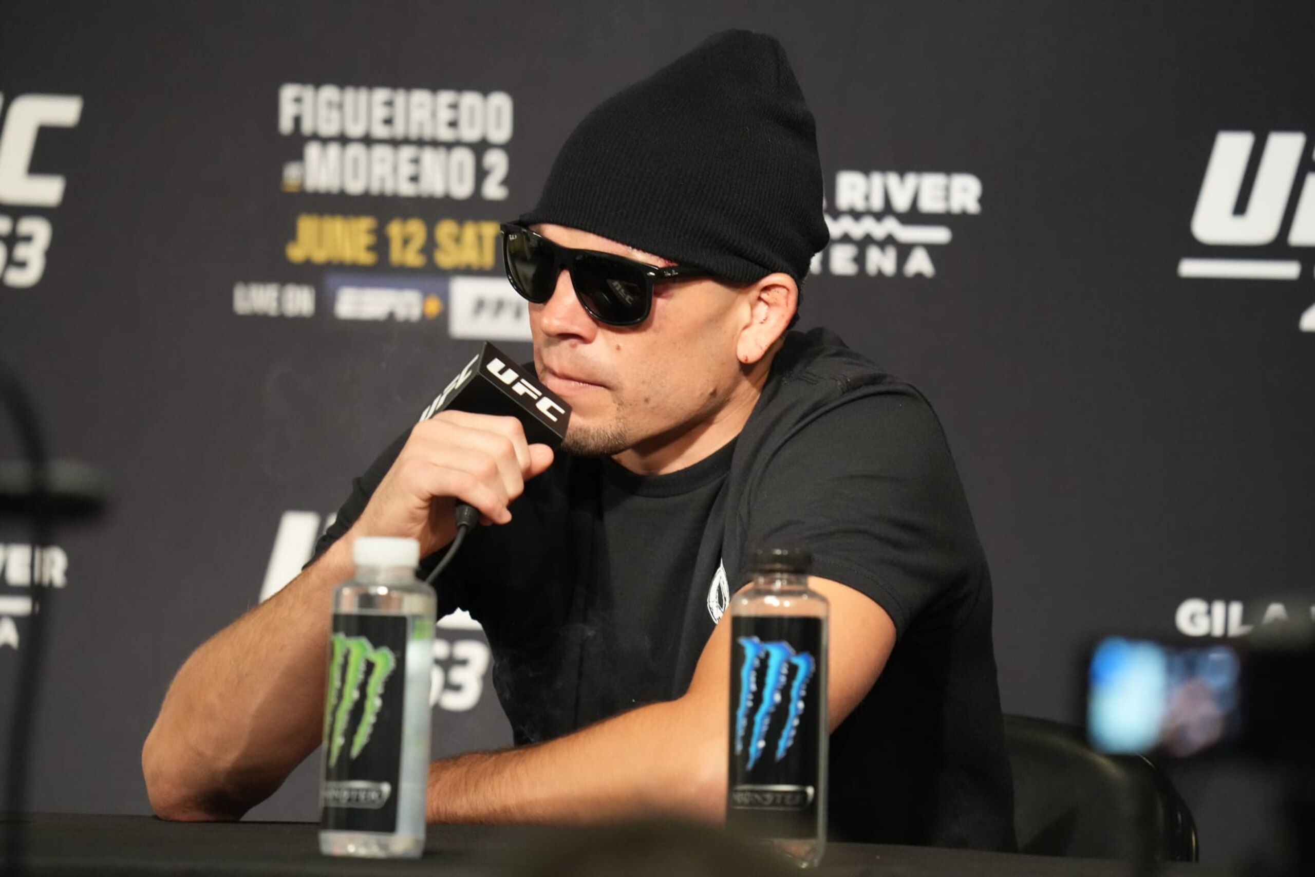 GLENDALE, AZ - JUNE 12: Nate Diaz meets with the press following his match at UFC 263 on June 12, 2021, at Gila River Arena in Glendale, AZ. (Photo by Louis Grasse/PxImages/Icon Sportswire via Getty Images)