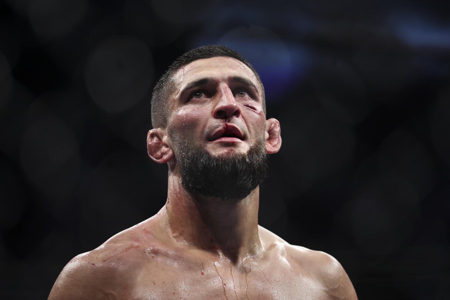 JACKSONVILLE, FLORIDA - APRIL 09: Khamzat Chimaev of Russia reacts after defeating Gilbert Burns of Brazil in the welterweight bout during the UFC 273 event at VyStar Veterans Memorial Arena on April 09, 2022 in Jacksonville, Florida. (Photo by James Gilbert/Getty Images)