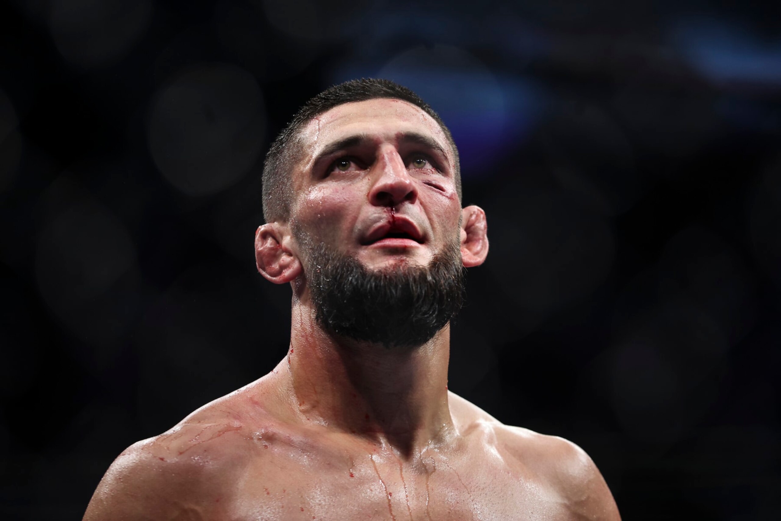 JACKSONVILLE, FLORIDA - APRIL 09: Khamzat Chimaev of Russia reacts after defeating Gilbert Burns of Brazil in the welterweight bout during the UFC 273 event at VyStar Veterans Memorial Arena on April 09, 2022 in Jacksonville, Florida. (Photo by James Gilbert/Getty Images)