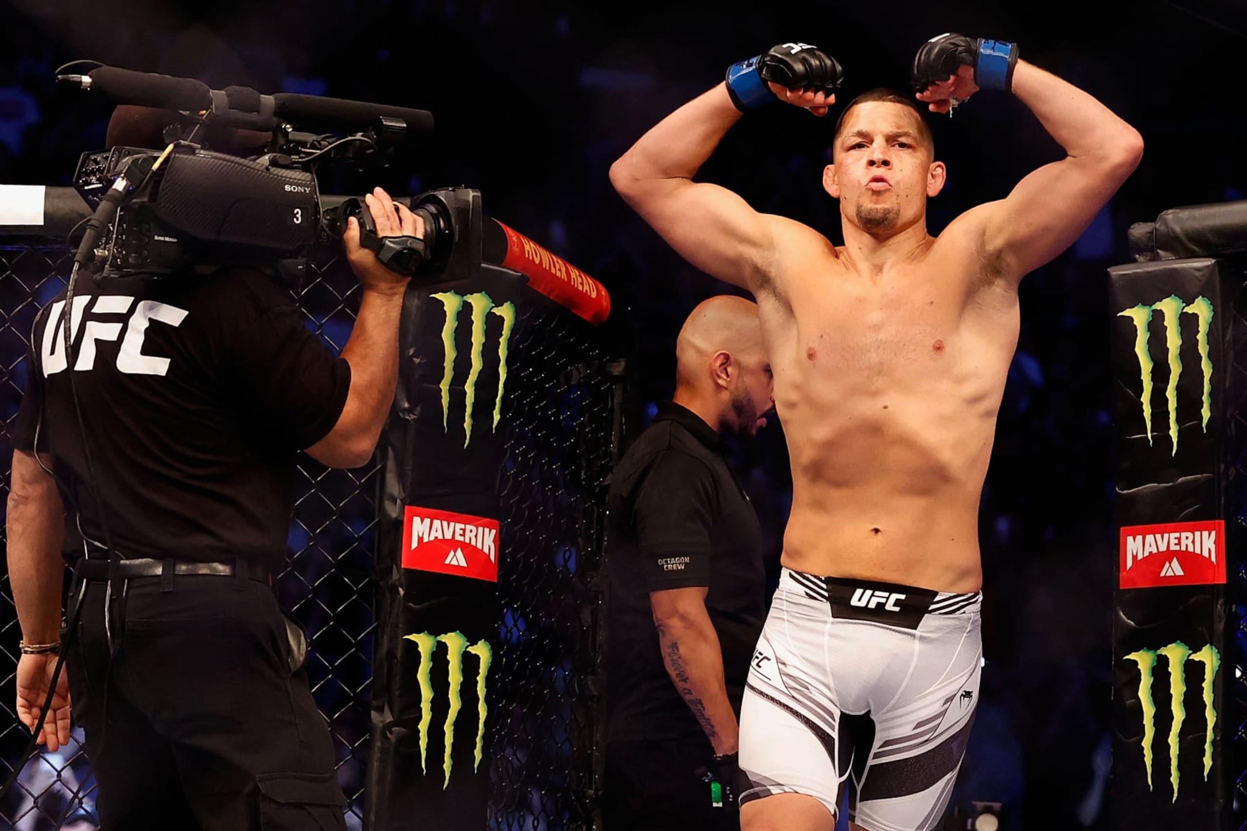 GLENDALE, ARIZONA - JUNE 12: Nate Diaz enters the octagon to fight Leon Edwards of Jamaica during their UFC 263 welterweight match at Gila River Arena on June 12, 2021 in Glendale, Arizona.