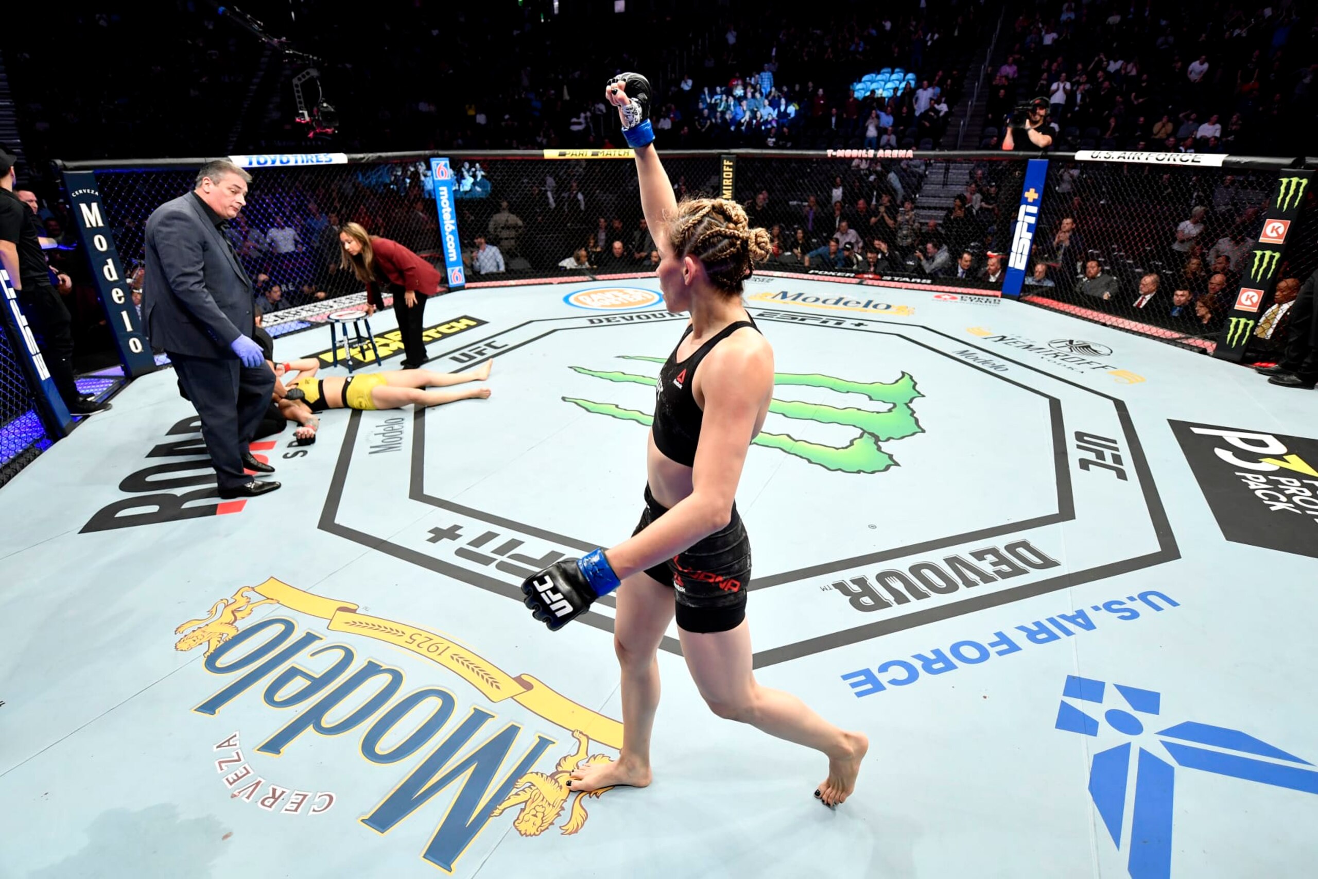 LAS VEGAS, NEVADA - DECEMBER 14:  Irene Aldana of Mexico celebrates her victory over Ketlen Vieira of Brazil in their women's bantamweight bout during the UFC 245 event at T-Mobile Arena on December 14, 2019 in Las Vegas, Nevada. (Photo by Jeff Bottari/Zuffa LLC)