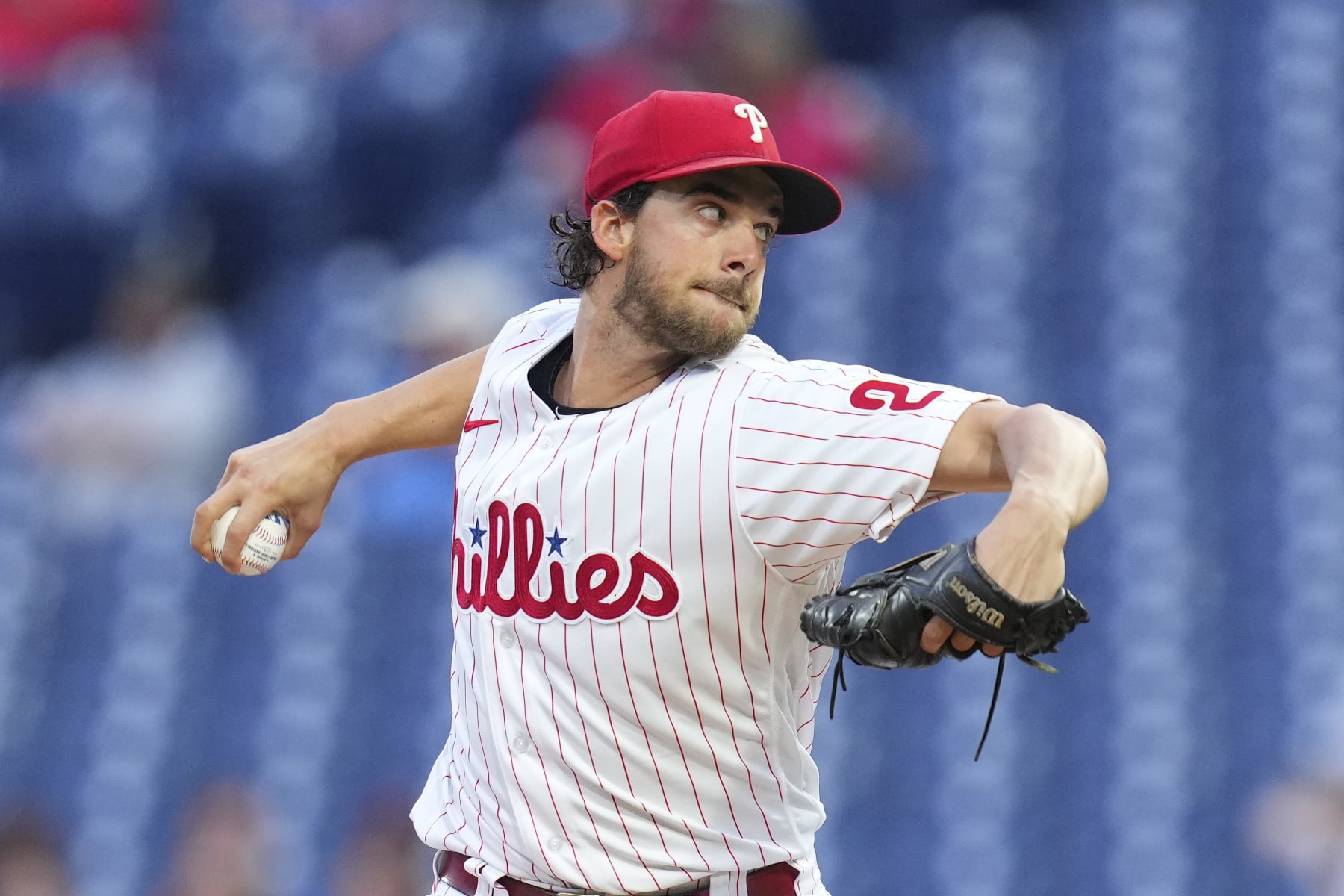 PHILADELPHIA, PA - SEPTEMBER 06: Aaron Nola #27 of the Philadelphia Phillies throws a pitch in the top of the first inning against the Miami Marlins at Citizens Bank Park on September 6, 2022 in Philadelphia, Pennsylvania. (Photo by Mitchell Leff/Getty Images)