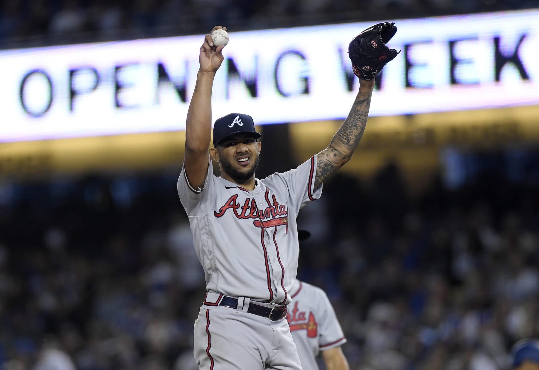 LOS ANGELES, CA - APRIL 18: Starting pitcher Huascar Ynoa #19 of the Atlanta Braves reacts before getting replaced against the Los Angeles Dodgers during the fourth inning at Dodger Stadium on April 18, 2022 in Los Angeles, California. (Photo by Kevork Djansezian/Getty Images)