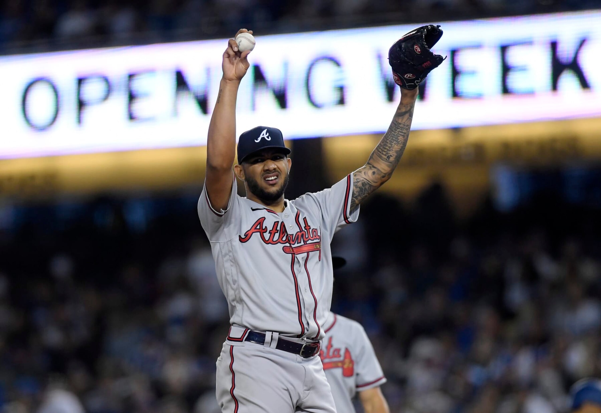 LOS ANGELES, CA - APRIL 18: Starting pitcher Huascar Ynoa #19 of the Atlanta Braves reacts before getting replaced against the Los Angeles Dodgers during the fourth inning at Dodger Stadium on April 18, 2022 in Los Angeles, California. (Photo by Kevork Djansezian/Getty Images)
