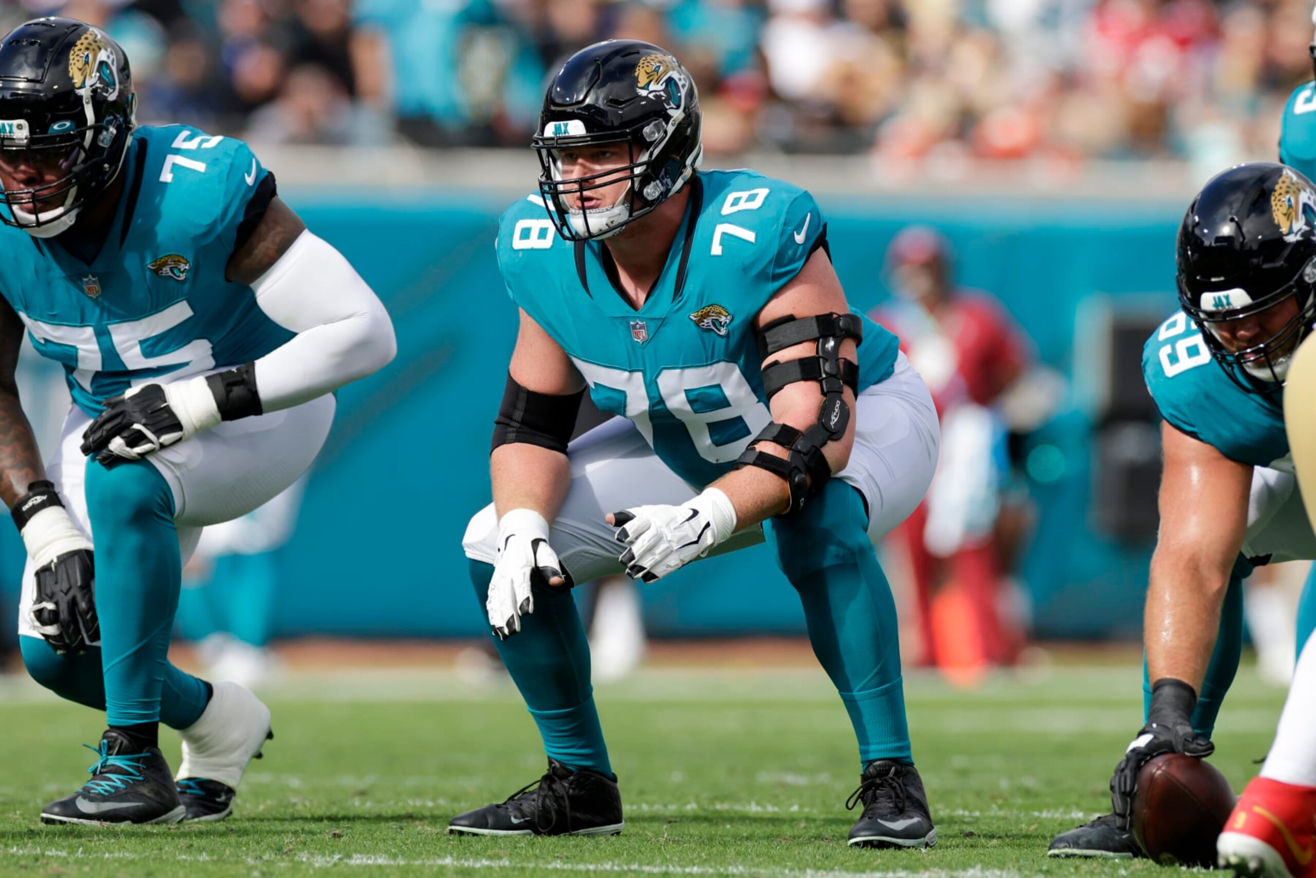 JACKSONVILLE, FL - NOVEMBER 21: Jacksonville Jaguars offensive tackle Ben Bartch (78) during the game between the San Francisco 49ers and the Jacksonville Jaguars on November 21, 2021 at TIAA Bank Field in Jacksonville, Fl. (Photo by David Rosenblum/Icon Sportswire via Getty Images)