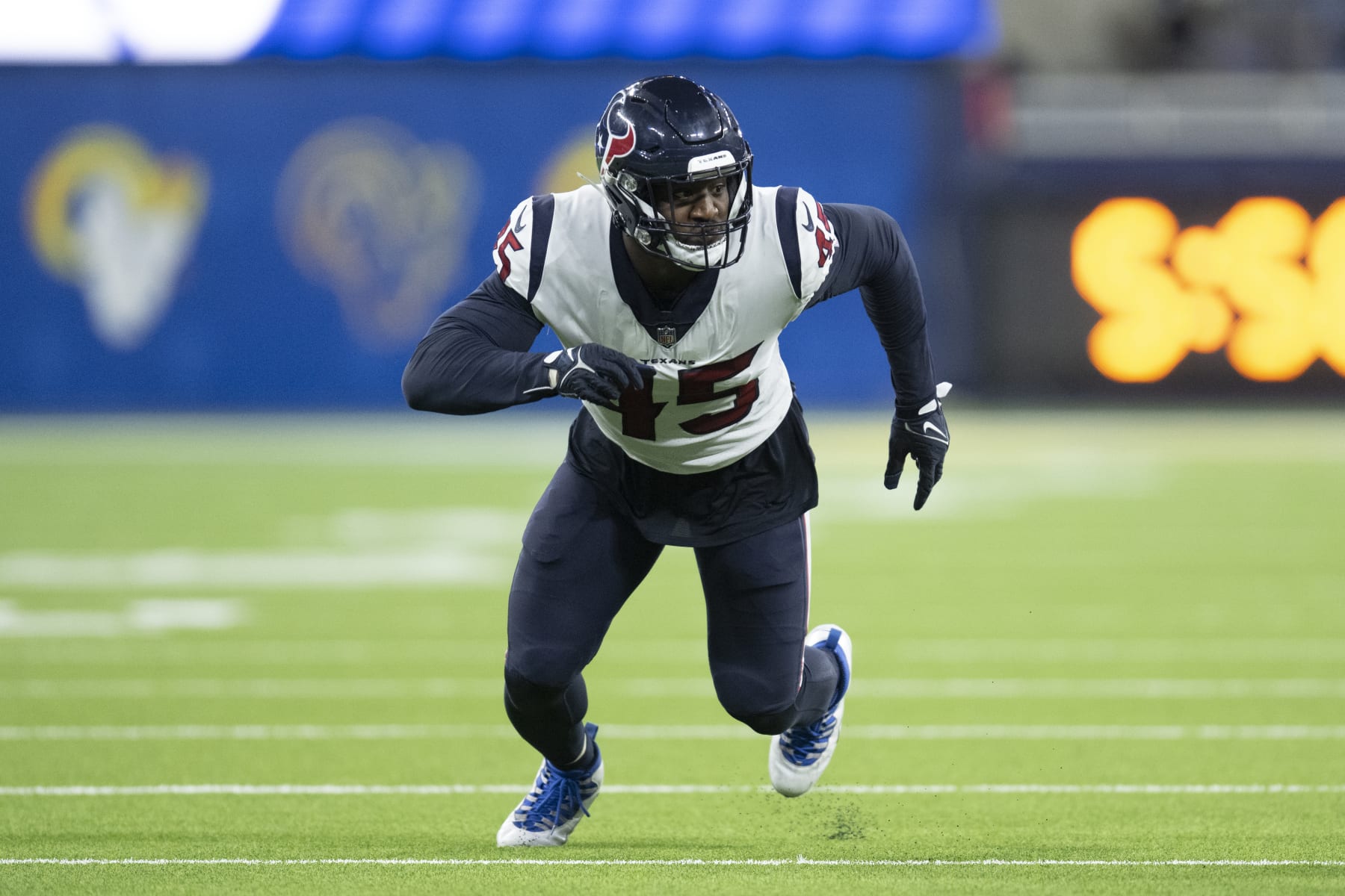 Houston Texans linebacker Ogbonnia Okoronkwo (45) runs during an NFL preseason football game against the Los Angeles Rams Friday, Aug. 19, 2022, in Inglewood, Calif. (AP Photo/Kyusung Gong)