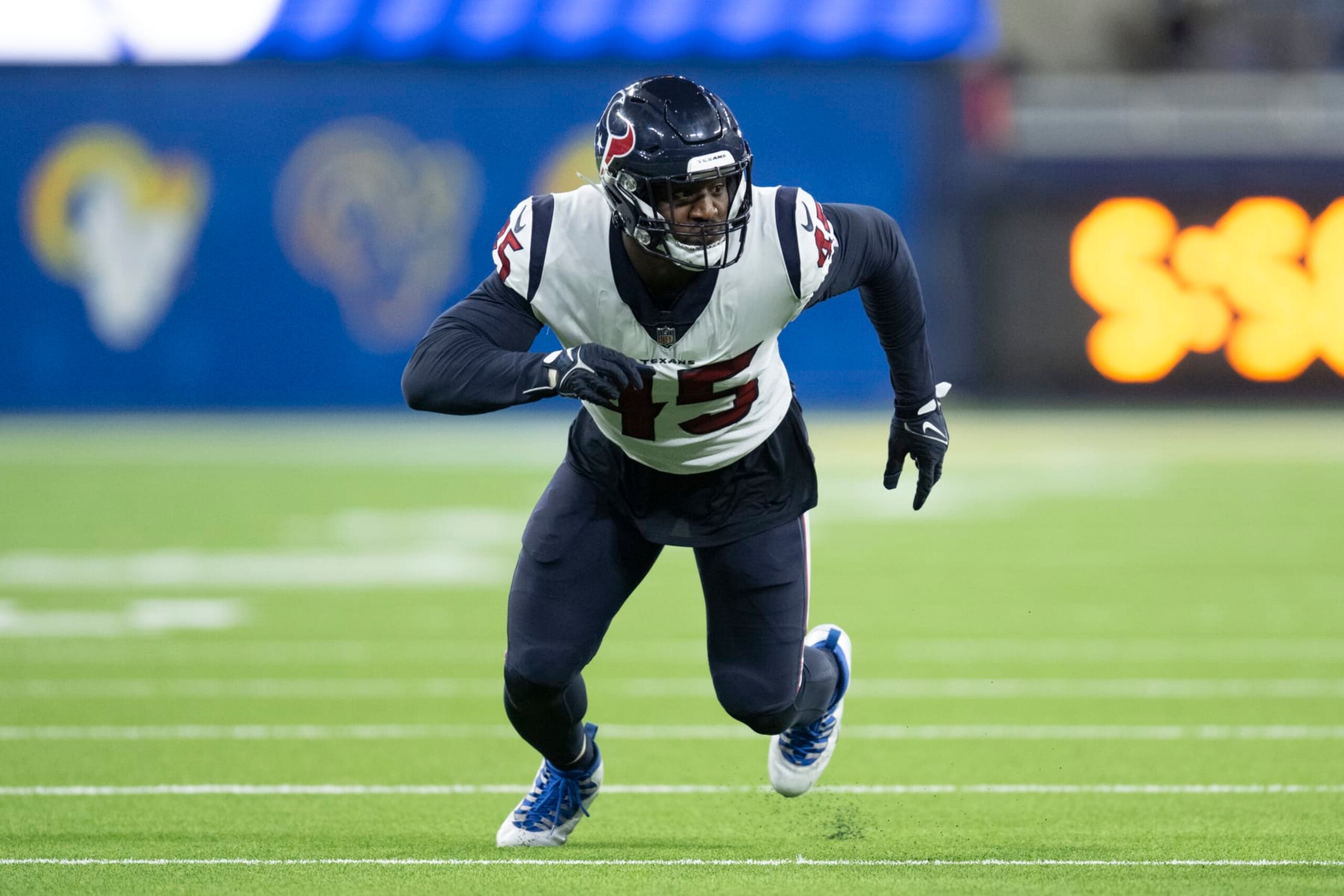 Houston Texans linebacker Ogbonnia Okoronkwo (45) runs during an NFL preseason football game against the Los Angeles Rams Friday, Aug. 19, 2022, in Inglewood, Calif. (AP Photo/Kyusung Gong)