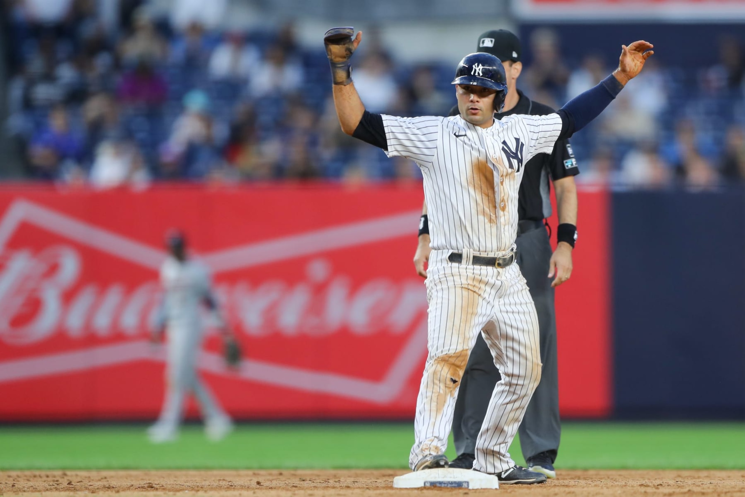 NEW YORK, NY - SEPTEMBER 07:   Isiah Kiner-Falefa #12 of the New York Yankees steals second in the twelfth inning during the game between the Minnesota Twins and the New York Yankees at Yankee Stadium on Wednesday, September 7, 2022 in New York, New York. (Photo by Mary DeCicco/MLB Photos via Getty Images)