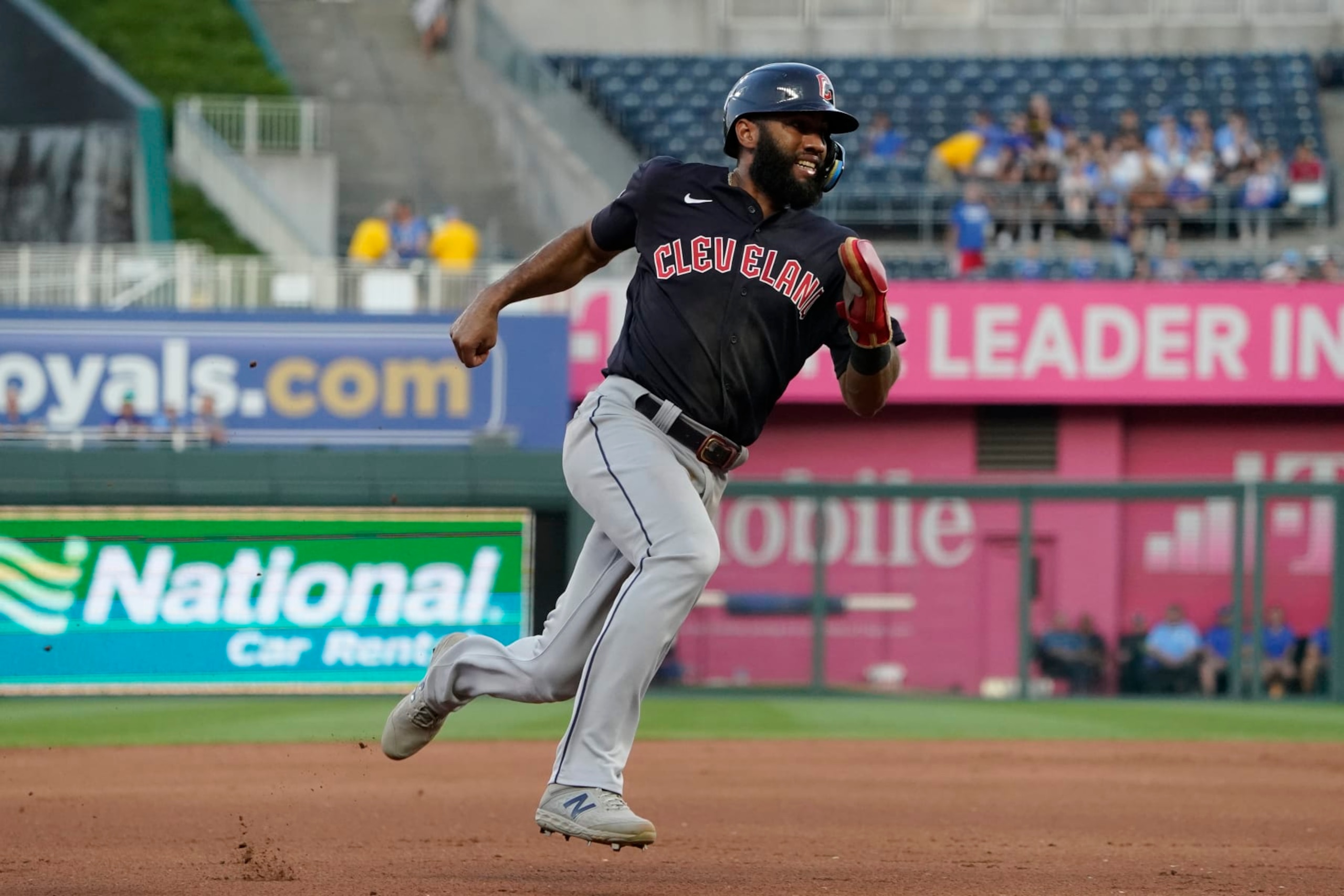 KANSAS CITY, MISSOURI - SEPTEMBER 07: Amed Rosario #1 of the Cleveland Guardians advances to third base on a Josh Naylor single in the first inning against the Kansas City Royals at Kauffman Stadium on September 07, 2022 in Kansas City, Missouri. (Photo by Ed Zurga/Getty Images)