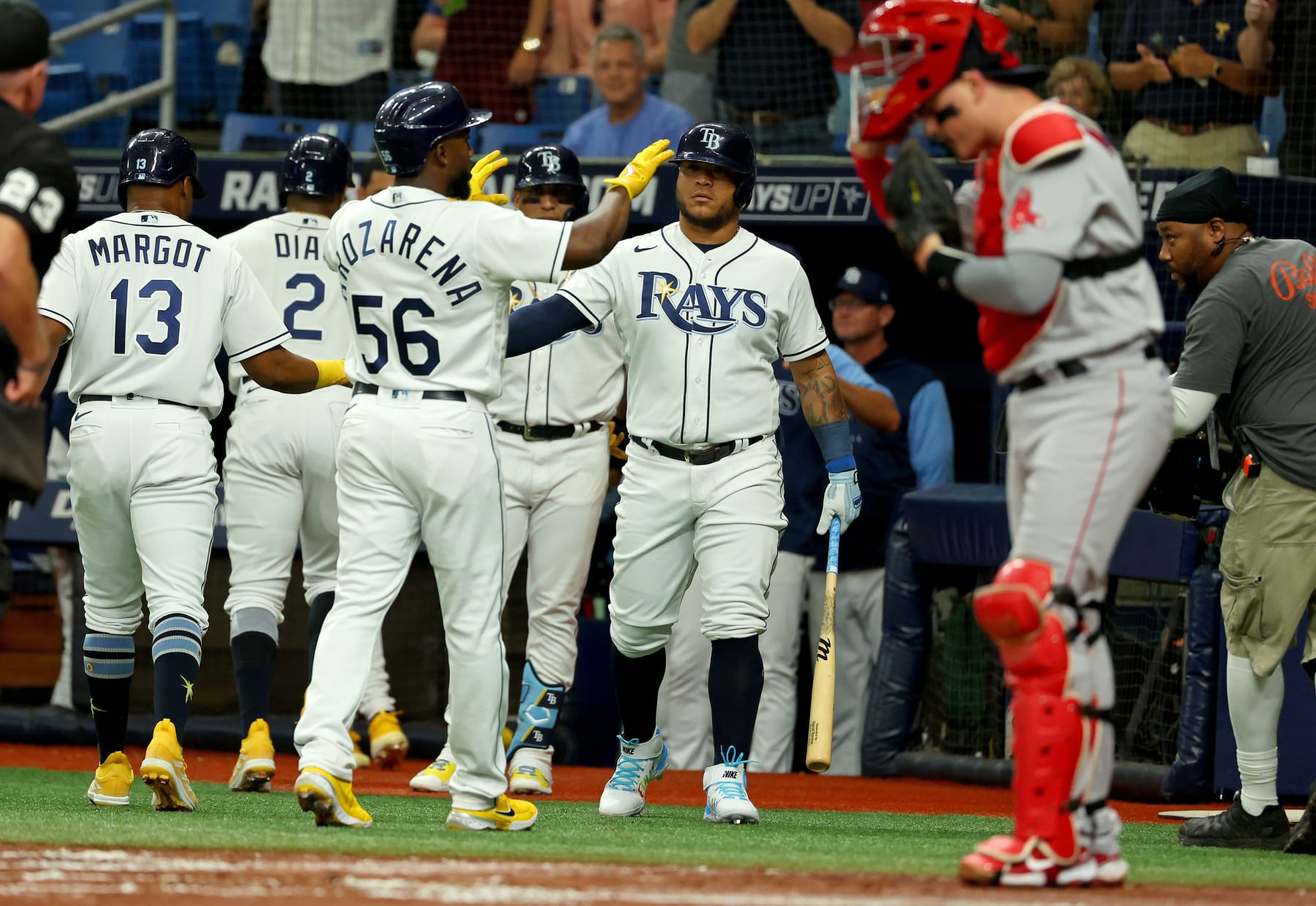 ST PETERSBURG, FLORIDA - SEPTEMBER 06: Randy Arozarena #56 of the Tampa Bay Rays clebrates three run home run in the first inning during a game against the Boston Red Sox at Tropicana Field on September 06, 2022 in St Petersburg, Florida. (Photo by Mike Ehrmann/Getty Images) ST PETERSBURG, FLORIDA - SEPTEMBER 06: Randy Arozarena #56 of the Tampa Bay Rays clebrates three run home run in the first inning during a game against the Boston Red Sox at Tropicana Field on September 06, 2022 in St Petersburg, Florida. (Photo by Mike Ehrmann/Getty Images)