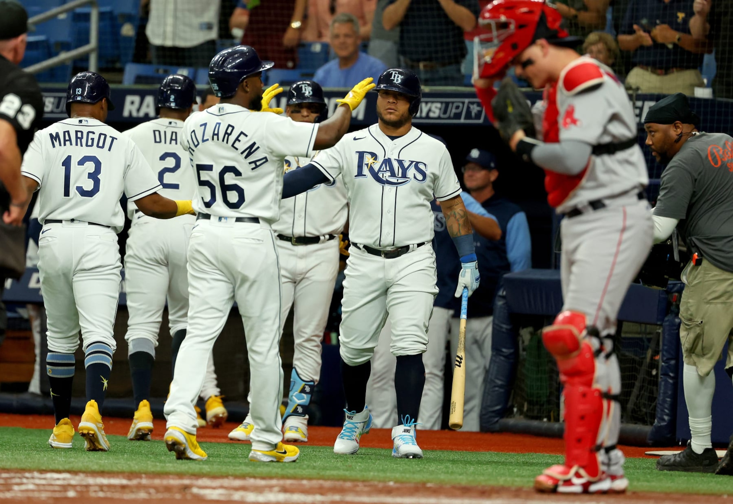 ST PETERSBURG, FLORIDA - SEPTEMBER 06: Randy Arozarena #56 of the Tampa Bay Rays clebrates three run home run in the first inning during a game  against the Boston Red Sox at Tropicana Field on September 06, 2022 in St Petersburg, Florida. (Photo by Mike Ehrmann/Getty Images)