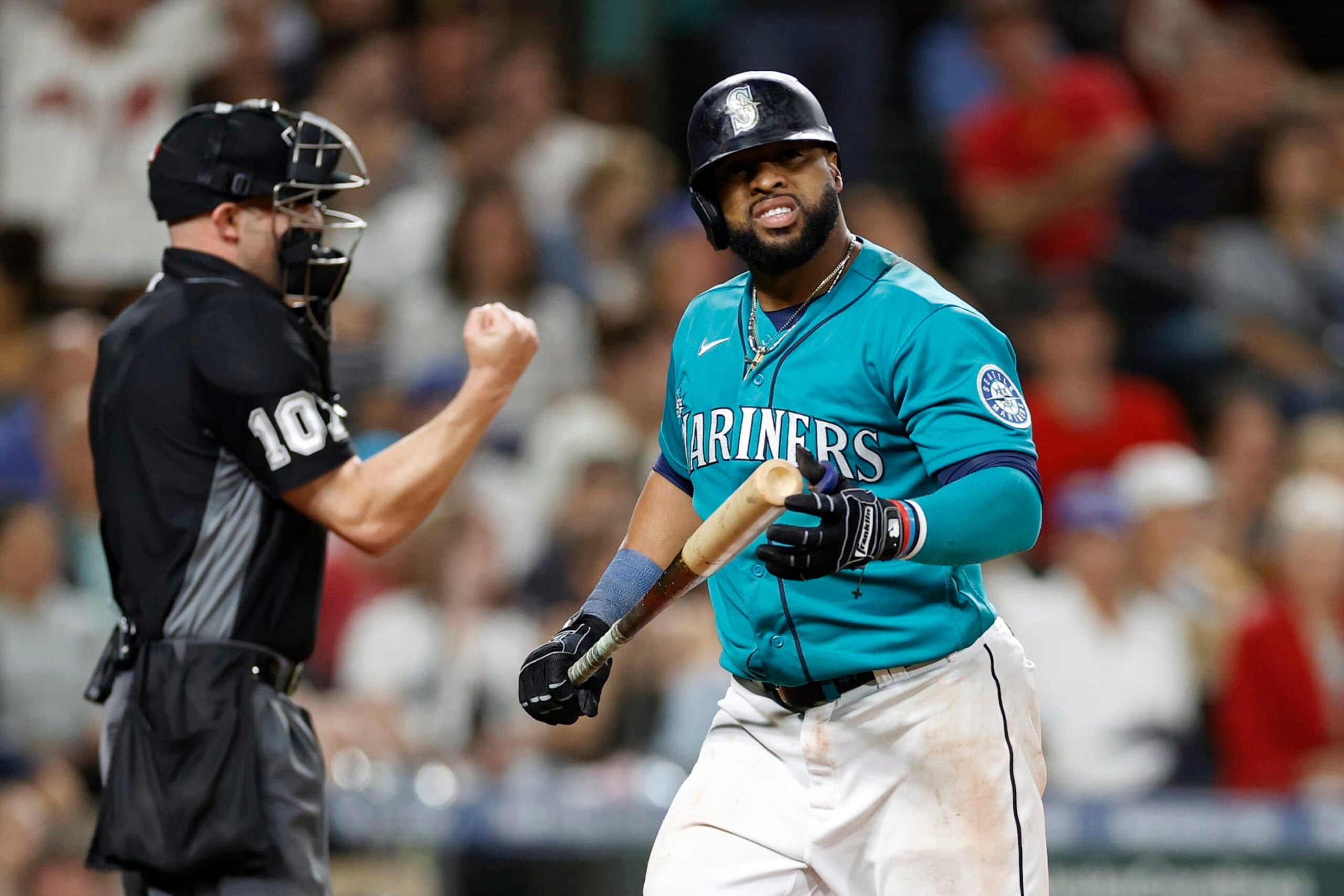 SEATTLE, WASHINGTON - AUGUST 26: Carlos Santana #41 of the Seattle Mariners strikes out during the tenth inning against the Cleveland Guardians at T-Mobile Park on August 26, 2022 in Seattle, Washington. (Photo by Steph Chambers/Getty Images)