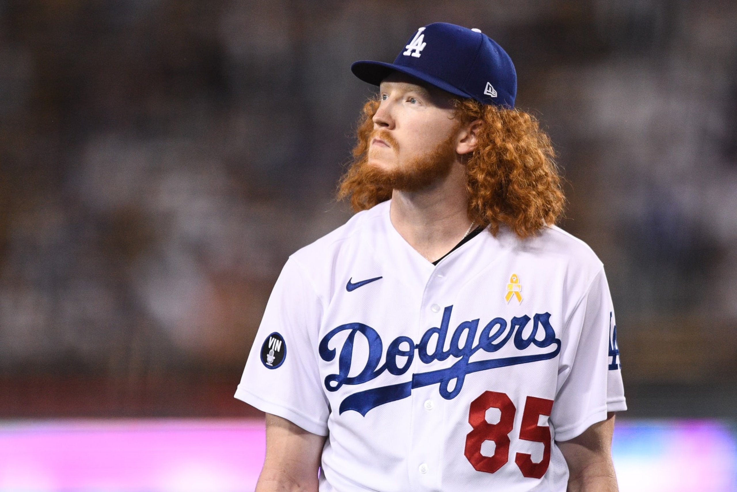 LOS ANGELES, CA - SEPTEMBER 02: Los Angeles Dodgers pitcher Dustin May (85) walks off the mound during the MLB game between the San Diego Padres and the Los Angeles Dodgers on September 2, 2022 at Dodger Stadium in Los Angeles, CA. (Photo by Brian Rothmuller/Icon Sportswire via Getty Images)