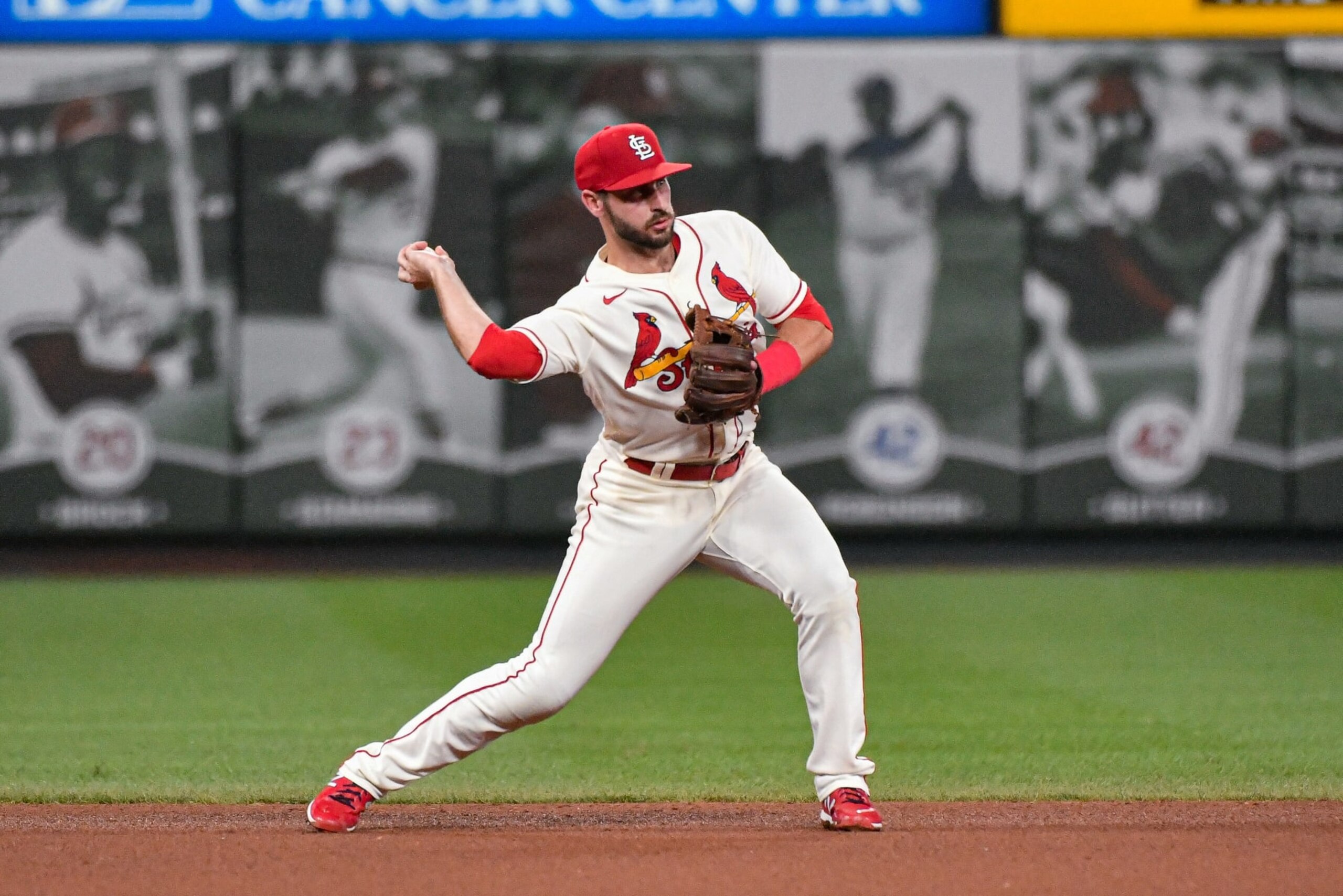 ST. LOUIS, MO - SEP 03:St. Louis Cardinals shortstop Paul DeJong (11) throws to second base for an out during a game between the Chicago Cubs and the St. Louis Cardinals on Sep 03, 2022, at Busch Stadium in St. Louis MO (Photo by Rick Ulreich/Icon Sportswire via Getty Images)