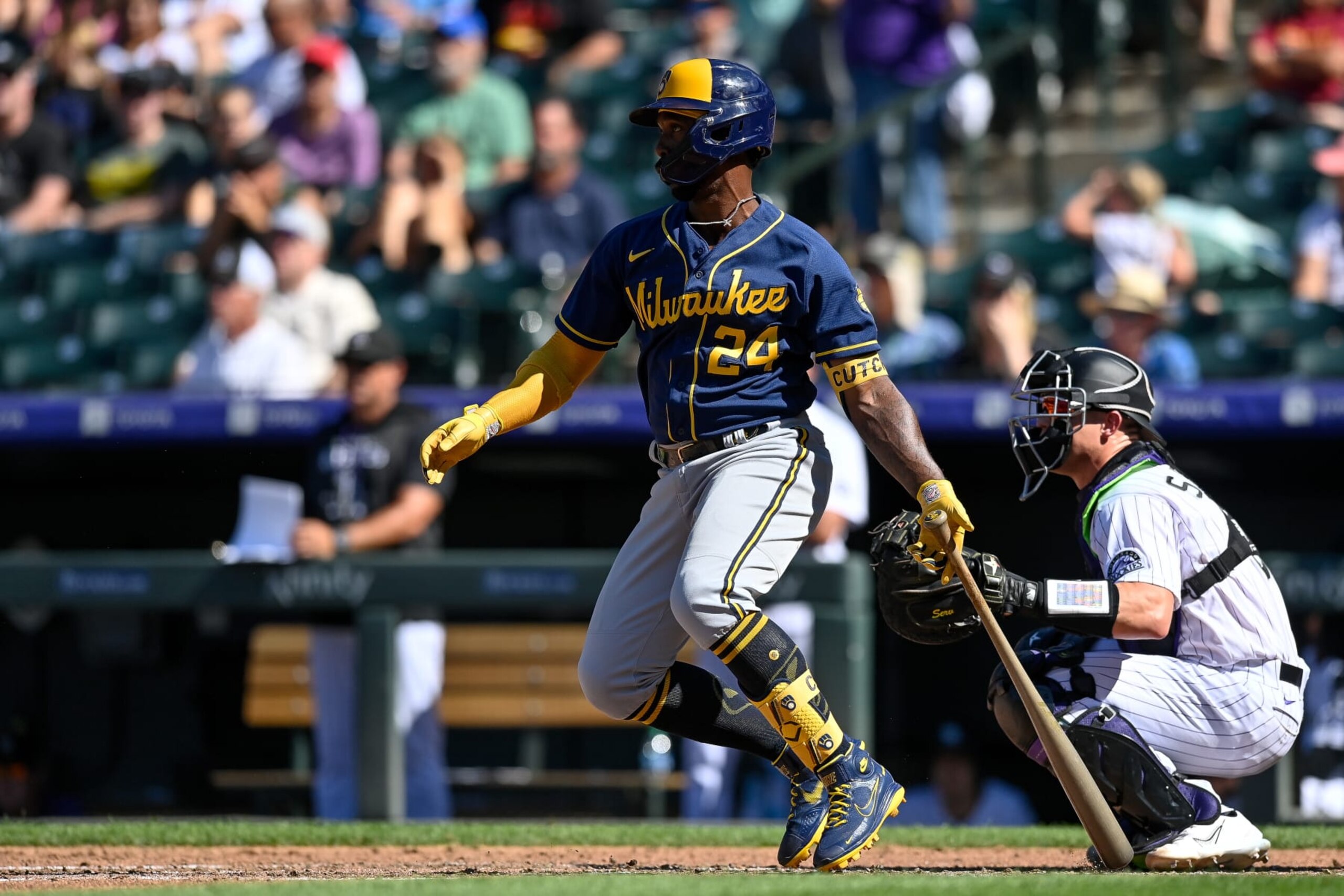 DENVER, CO - SEPTEMBER 5: Andrew McCutchen #24 of the Milwaukee Brewers hits a fourth inning RBI single against the Colorado Rockies at Coors Field on September 5, 2022 in Denver, Colorado. (Photo by Dustin Bradford/Getty Images)