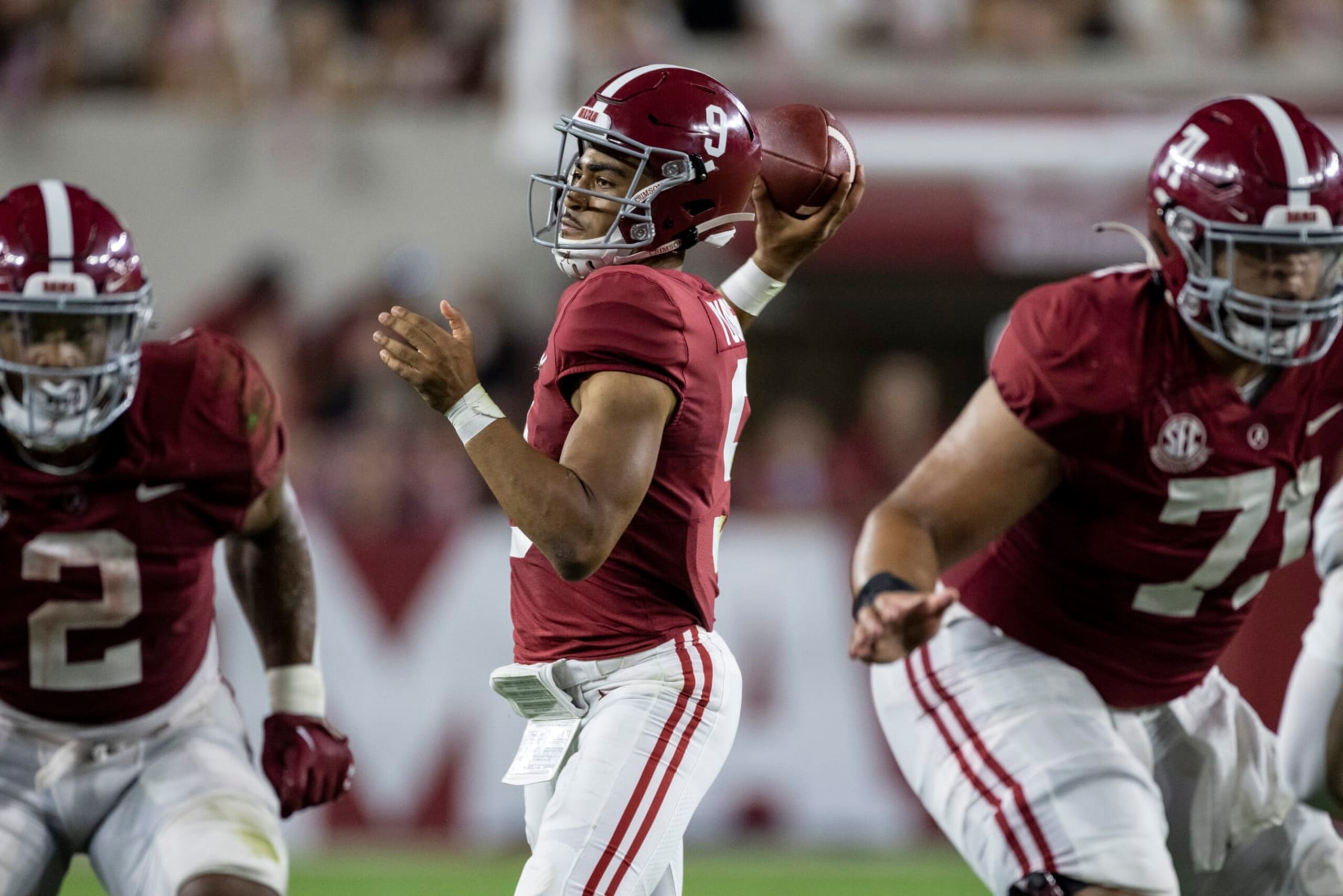 Alabama quarterback Bryce Young (9) throws the ball against Utah State during the first half of an NCAA college football game, Saturday, Sept. 3, 2022, in Tuscaloosa, Ala. (AP Photo/Vasha Hunt)