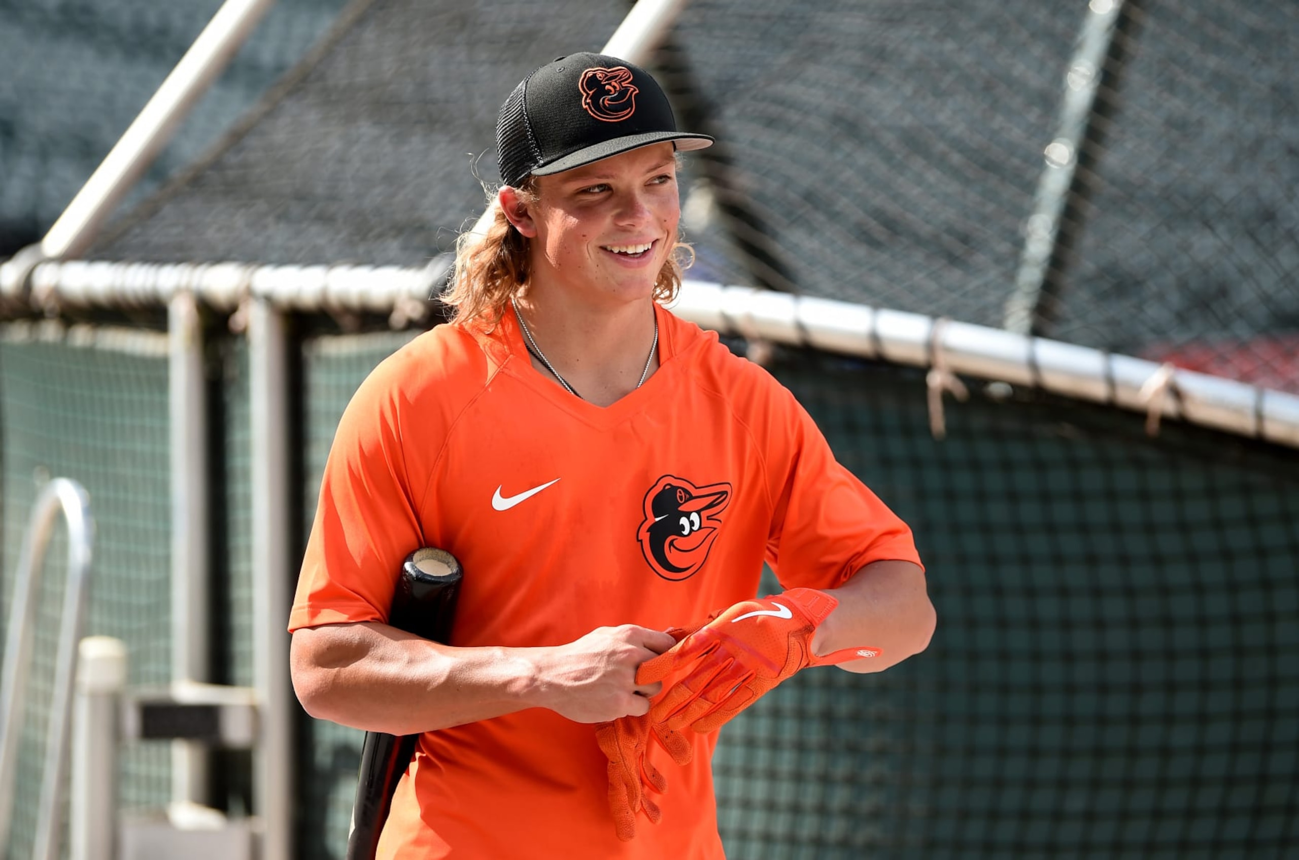 BALTIMORE, MARYLAND - JULY 27: 2022 Baltimore Orioles first round pick, and Number 1 overall selection of the 2022 First-Year Player Draft, Jackson Holliday takes batting practice before the game between the Baltimore Orioles and the Tampa Bay Rays at Oriole Park at Camden Yards on July 27, 2022 in Baltimore, Maryland.  (Photo by G Fiume/Getty Images)