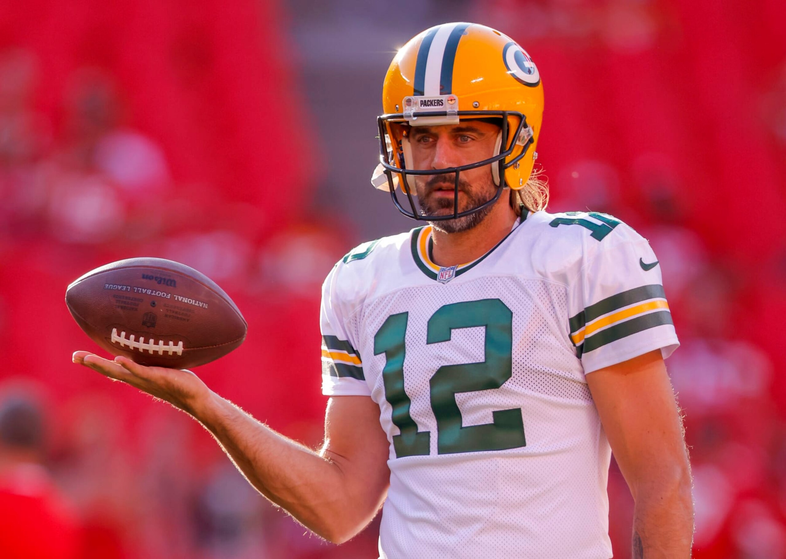 KANSAS CITY, MO - AUGUST 25: Aaron Rodgers #12 of the Green Bay Packers participates in pregame warmups prior to the preseason game against the Kansas City Chiefs at Arrowhead Stadium on August 25, 2022 in Kansas City, Missouri. (Photo by David Eulitt/Getty Images)