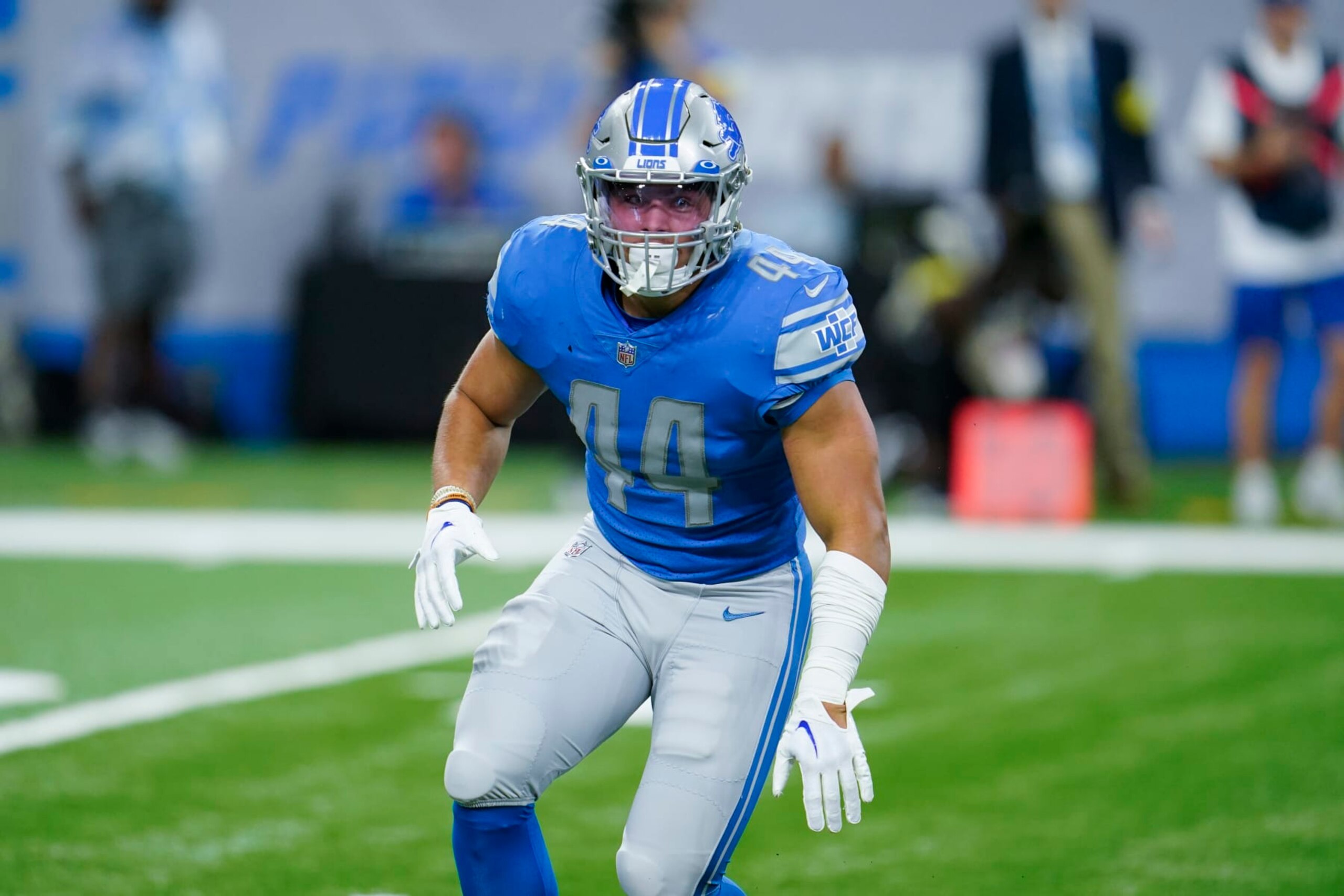 Detroit Lions linebacker Malcolm Rodriguez (44) plays against the Atlanta Falcons during a preseason NFL football game in Detroit, Friday, Aug. 12, 2022. (AP Photo/Paul Sancya)