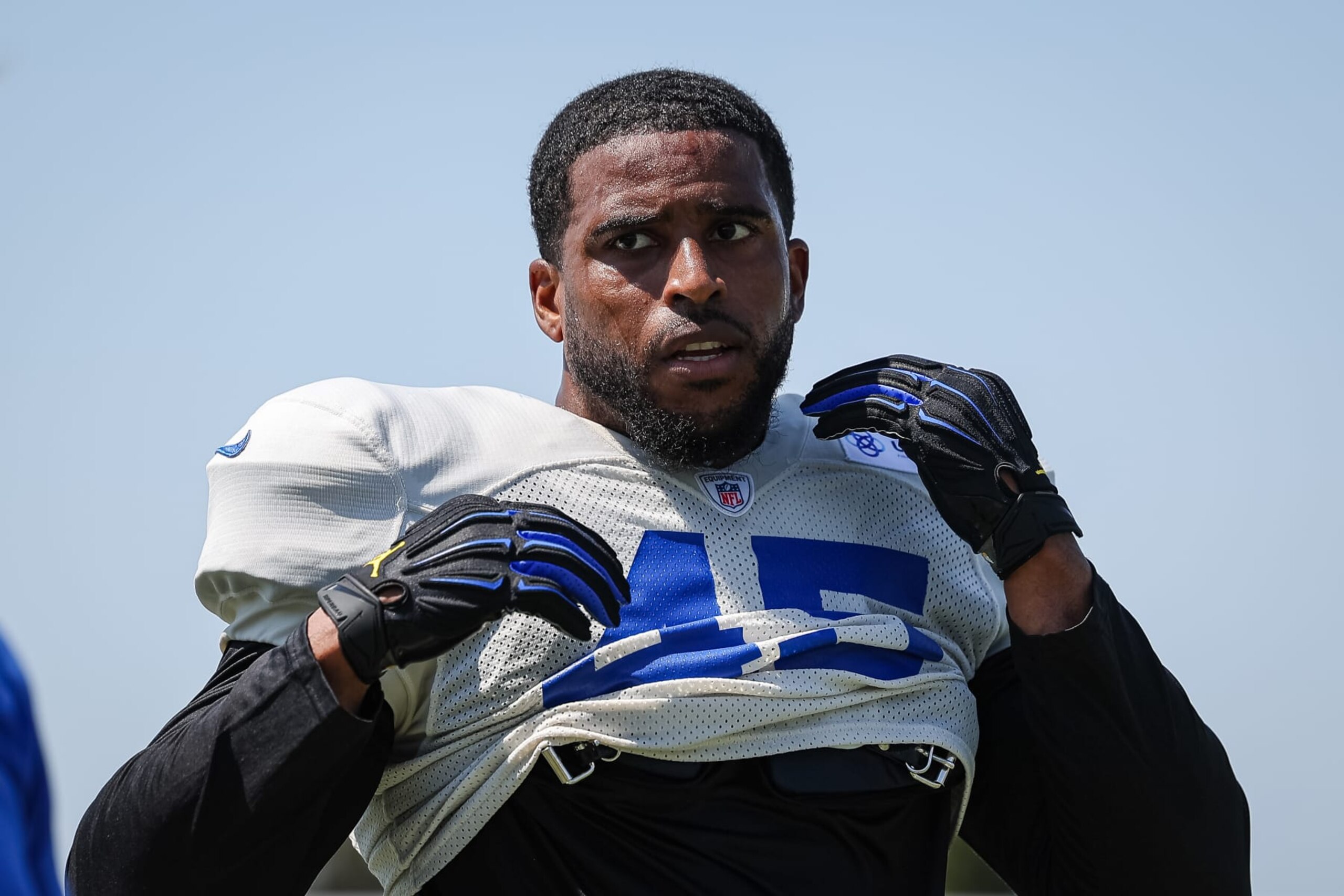 IRVINE, CA - JULY 29: Bobby Wagner #45 of the Los Angeles Rams looks on during training camp at University of California Irvine on July 29, 2022 in Irvine, California. (Photo by Scott Taetsch/Getty Images)