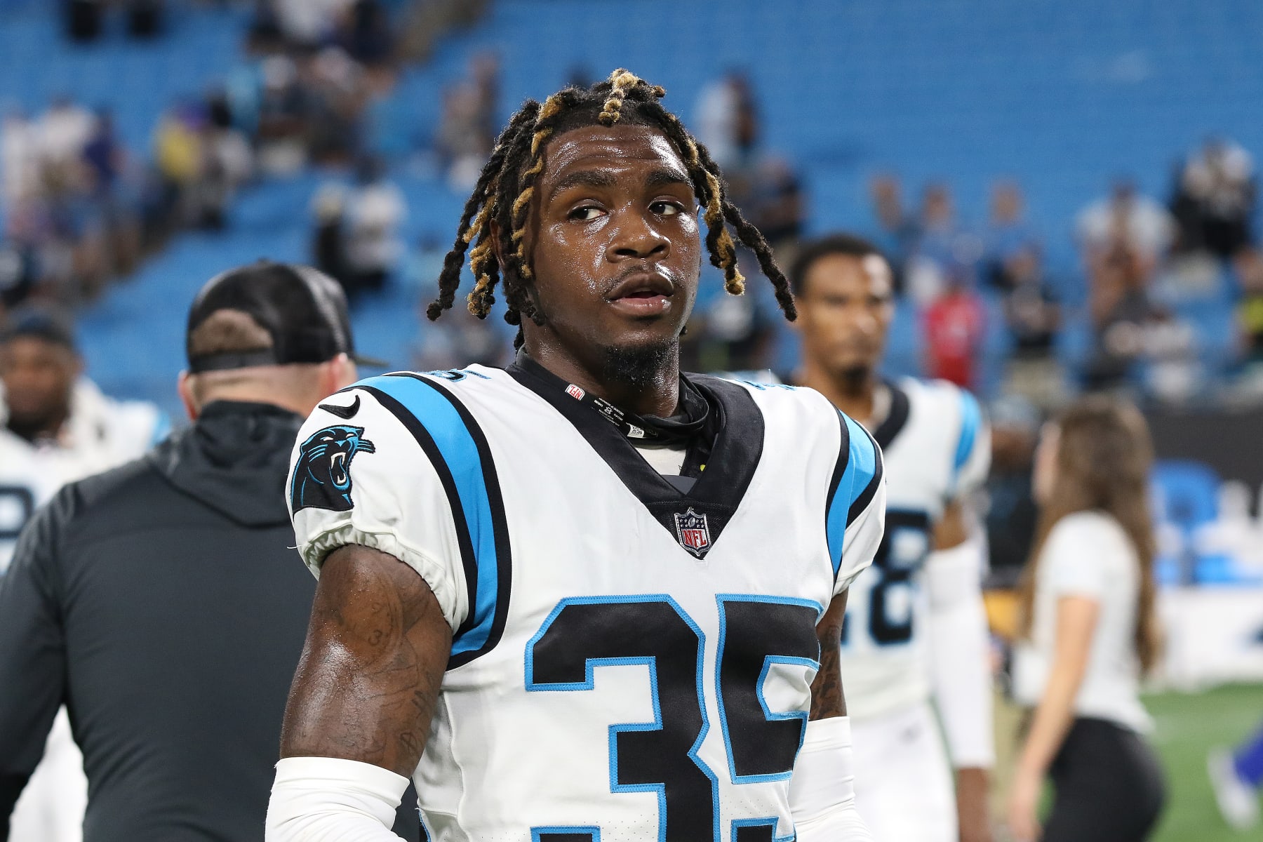 CHARLOTTE, NC - AUGUST 26: Carolina Panthers corner back Kalon Barnes (35) during a NFL preseason football game between the Buffalo Bills and the Carolina Panthers on August 26, 2022 at Bank of America Stadium in Charlotte, N.C. (Photo by John Byrum/Icon Sportswire via Getty Images)