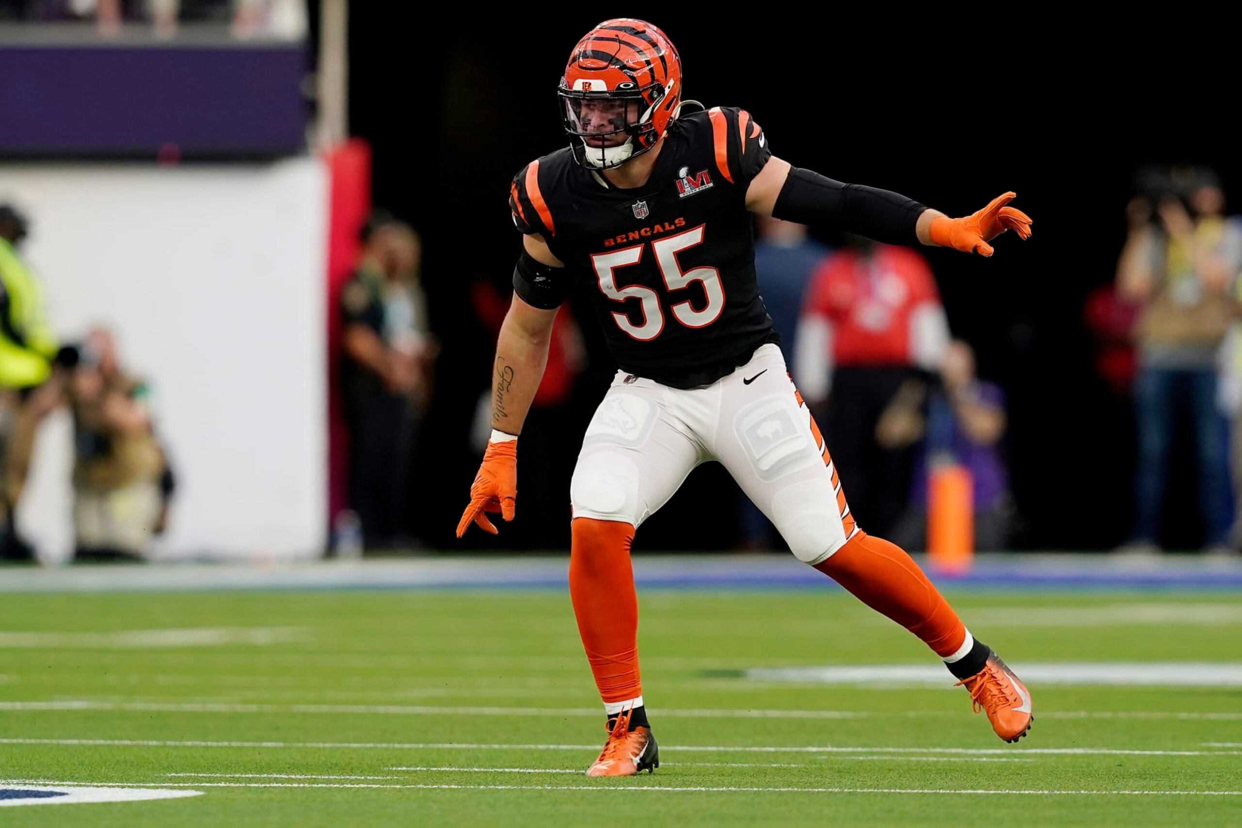 Cincinnati Bengals inside linebacker Logan Wilson (55) in coverage against the Los Angeles Rams during the NFL Super Bowl 56 football game Sunday, Feb. 13, 2022, in Inglewood, Calif. (AP Photo/Steve Luciano)