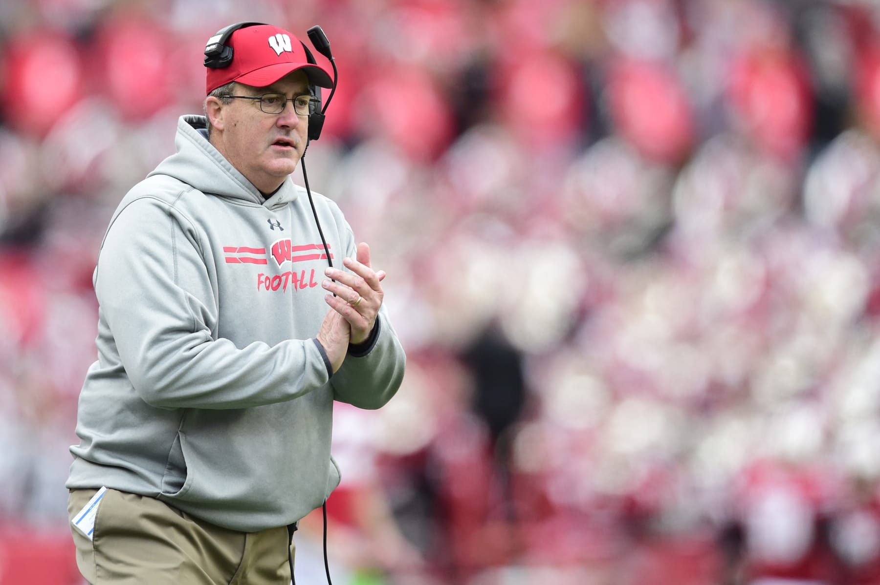 MADISON, WISCONSIN - NOVEMBER 13: Head coach Paul Chryst of the Wisconsin Badgers reacts in the first half against the Northwestern Wildcats at Camp Randall Stadium on November 13, 2021 in Madison, Wisconsin. (Photo by Patrick McDermott/Getty Images)