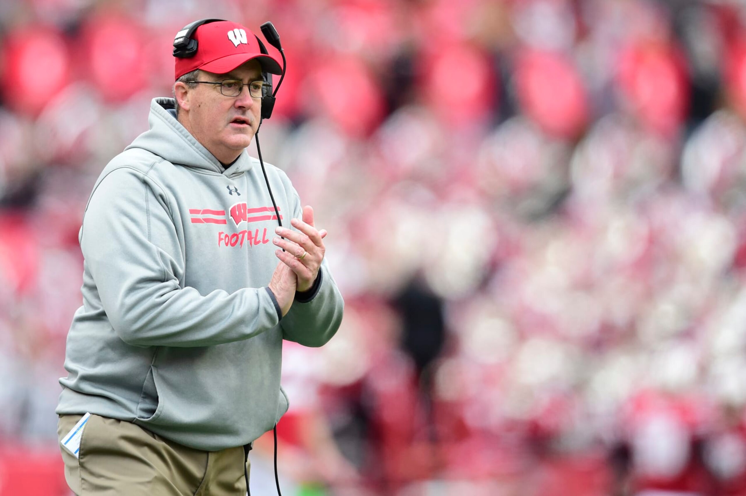 MADISON, WISCONSIN - NOVEMBER 13: Head coach Paul Chryst of the Wisconsin Badgers reacts in the first half against the Northwestern Wildcats at Camp Randall Stadium on November 13, 2021 in Madison, Wisconsin. (Photo by Patrick McDermott/Getty Images)