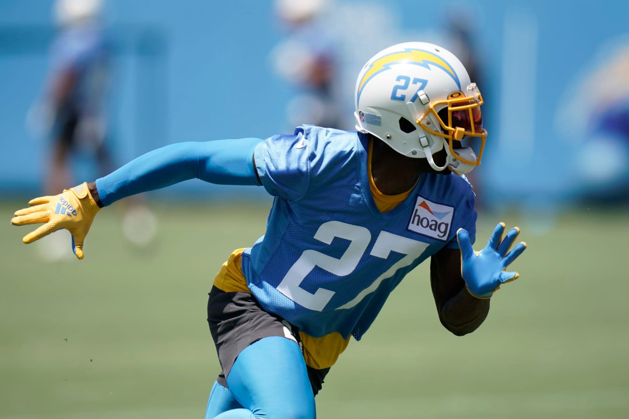 Los Angeles Chargers' J.C. Jackson runs a play during practice at the NFL football team's practice facility Wednesday, June 15, 2022, in Costa Mesa, Calif. (AP Photo/Jae C. Hong)