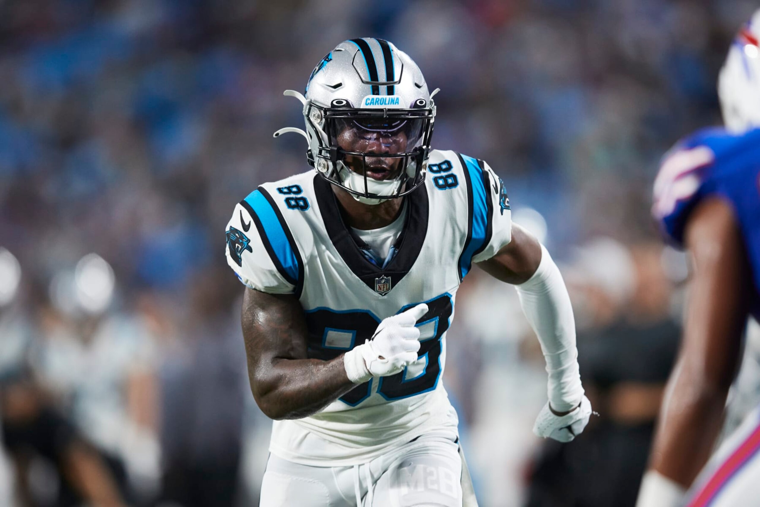 Carolina Panthers wide receiver Terrace Marshall Jr. (88) runs a route during an NFL preseason football game against the Buffalo Bills, Saturday, Aug. 26, 2022, in Charlotte, N.C. (AP Photo/Brian Westerholt)