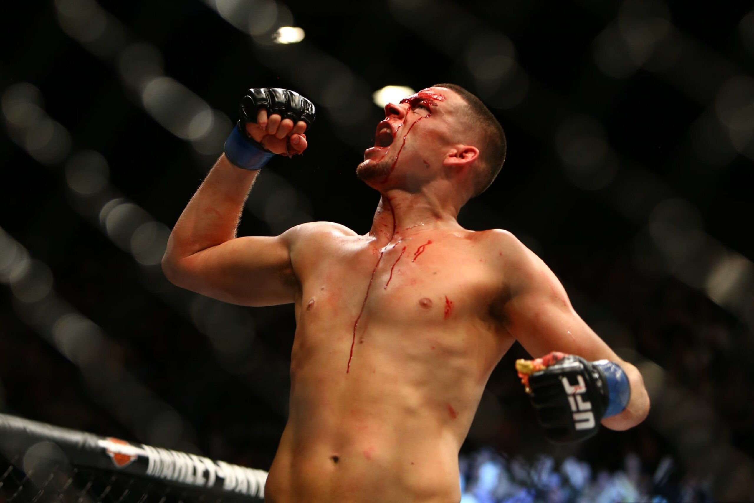 LAS VEGAS, NV - MARCH 5:   Nate Diaz celebrates after defeating Conor McGregor during UFC 196 at the MGM Grand Garden Arena on March 5, 2016 in Las Vegas, Nevada. (Photo by Rey Del Rio/Getty Images)