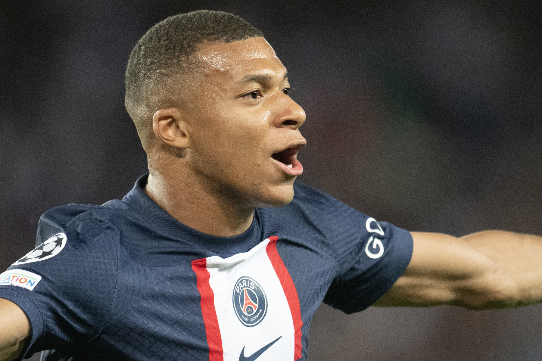 PARIS, FRANCE - SEPTEMBER 06: Kylian Mbappe of Paris Saint-Germain celebrates his goal during the UEFA Champions League group H match between Paris Saint-Germain and Juventus at Parc des Princes in Paris, France on September 06, 2022. (Photo by Philippe Signe/Anadolu Agency via Getty Images)