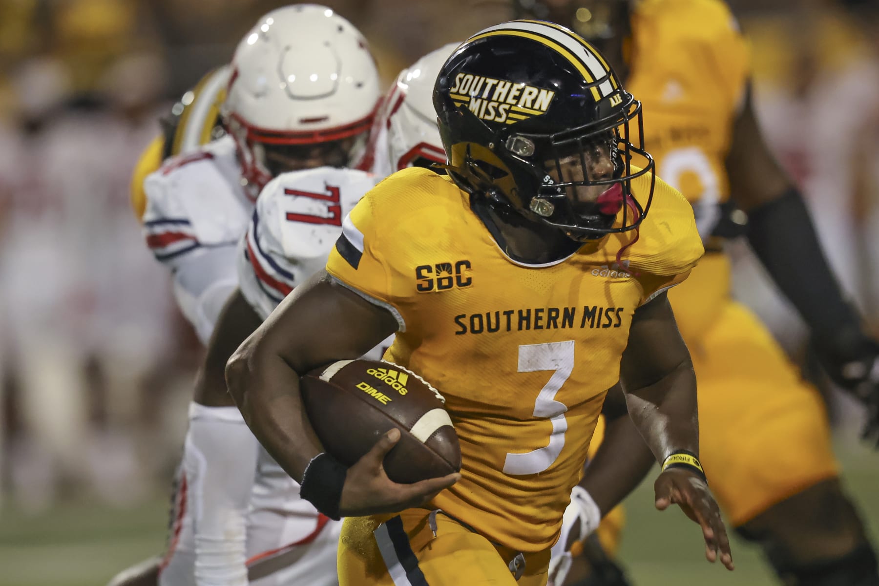 HATTIESBURG, MS - SEPTEMBER 03: Southern Miss Golden Eagles running back Frank Gore Jr. (3) runs the ball during a college football game between the Liberty Flames and the Southern Miss Golden Eagles on Saturday, September 3, at M.M. Roberts Stadium, Hattiesburg, Mississippi. (Photo by Bobby McDuffie/Icon Sportswire via Getty Images)