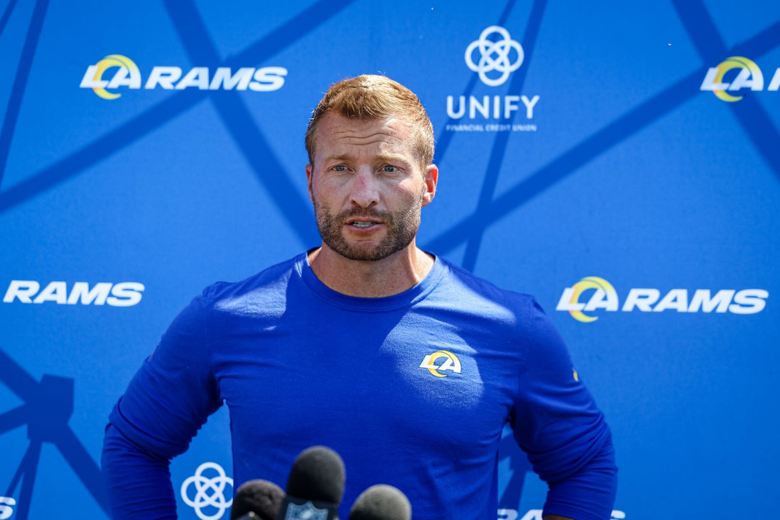 IRVINE, CA - JULY 29: Head coach Sean McVay of the Los Angeles Rams speaks with the media during training camp at University of California Irvine on July 29, 2022 in Irvine, California. (Photo by Scott Taetsch/Getty Images) IRVINE, CA - JULY 29: Head coach Sean McVay of the Los Angeles Rams speaks with the media during training camp at University of California Irvine on July 29, 2022 in Irvine, California. (Photo by Scott Taetsch/Getty Images)