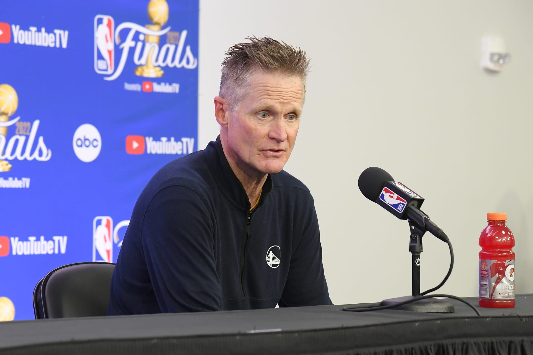 BOSTON, MA - JUNE 16: Head Coach Steve Kerr of the Golden State Warriors talks to the media after Game Six of the 2022 NBA Finals on June 16, 2022 at TD Garden in Boston, Massachusetts. NOTE TO USER: User expressly acknowledges and agrees that, by downloading and or using this photograph, user is consenting to the terms and conditions of Getty Images License Agreement. Mandatory Copyright Notice: Copyright 2022 NBAE (Photo by Brian Babineau/NBAE via Getty Images)