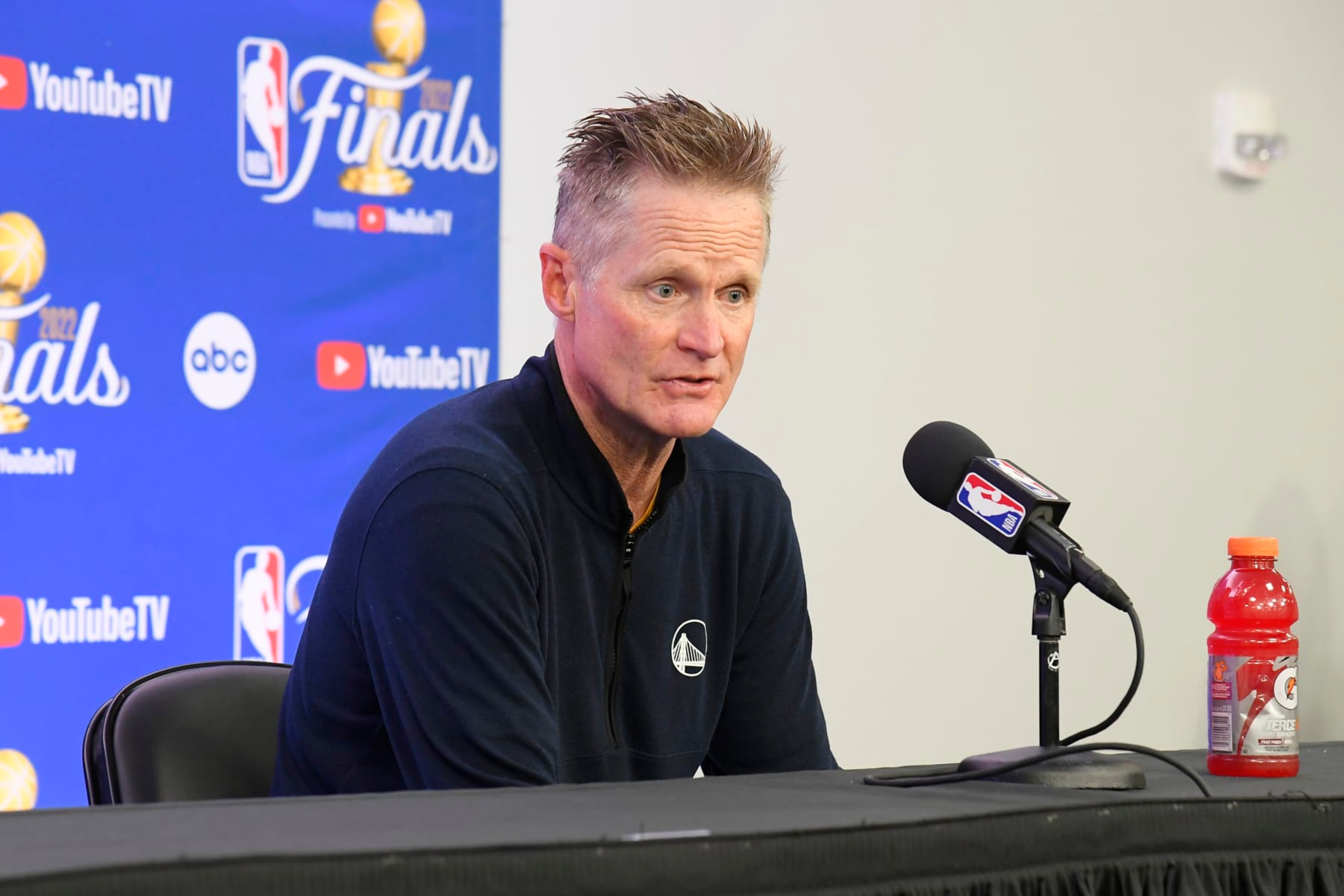 BOSTON, MA - JUNE 16: Head Coach Steve Kerr of the Golden State Warriors talks to the media after Game Six of the 2022 NBA Finals on June 16, 2022 at TD Garden in Boston, Massachusetts. NOTE TO USER: User expressly acknowledges and agrees that, by downloading and or using this photograph, user is consenting to the terms and conditions of Getty Images License Agreement. Mandatory Copyright Notice: Copyright 2022 NBAE (Photo by Brian Babineau/NBAE via Getty Images)