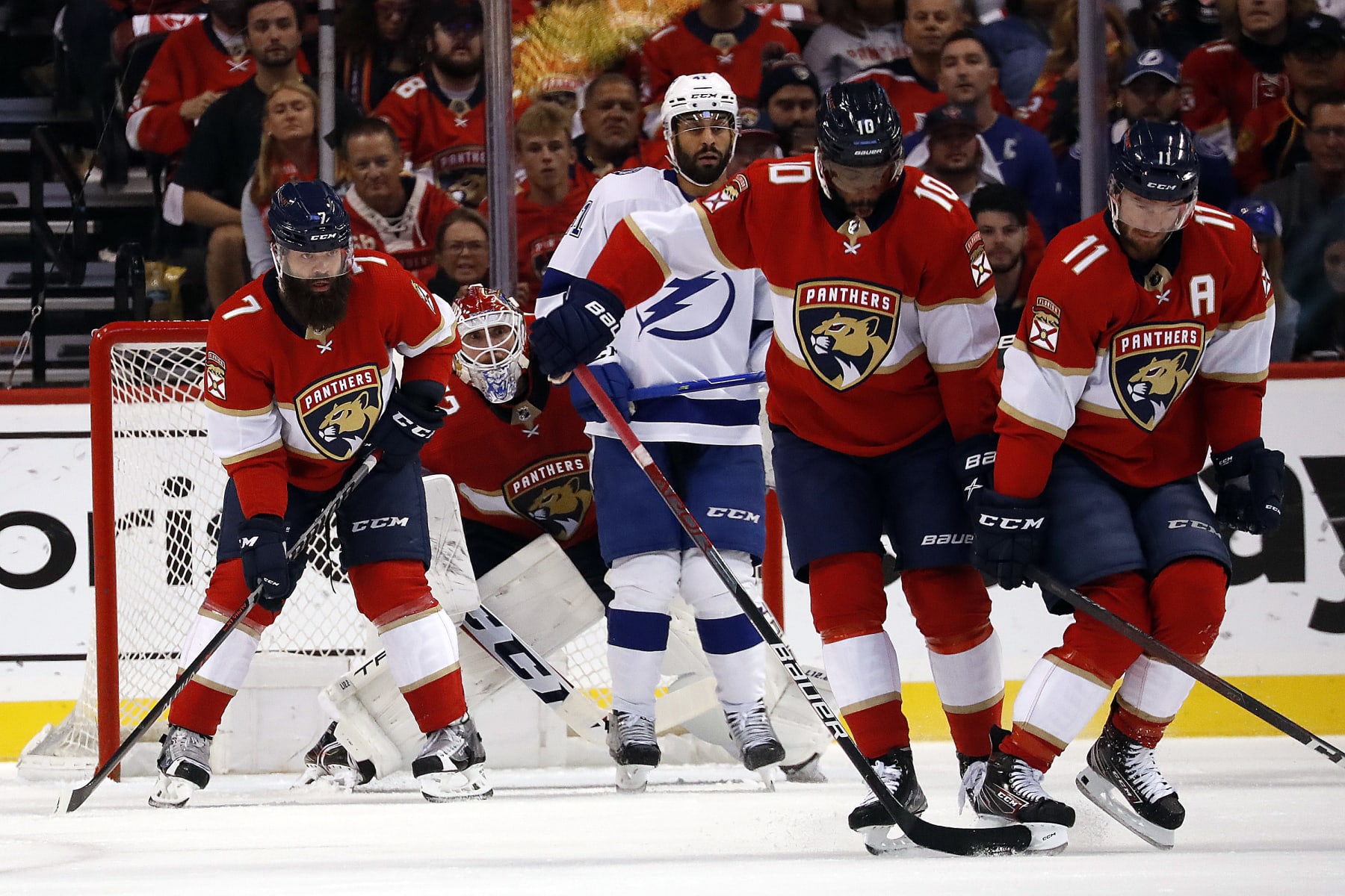 SUNRISE, FL - MAY 19: Goaltender Sergei Bobrovsky #72 of the Florida Panthers is tucked behind teammates blocking the puck against the Tampa Bay Lightning in Game Two of the Second Round of the 2022 Stanley Cup Playoffs at the FLA Live Arena on May 19, 2022 in Sunrise, Florida. (Photo by Eliot J. Schechter/NHLI via Getty Images)