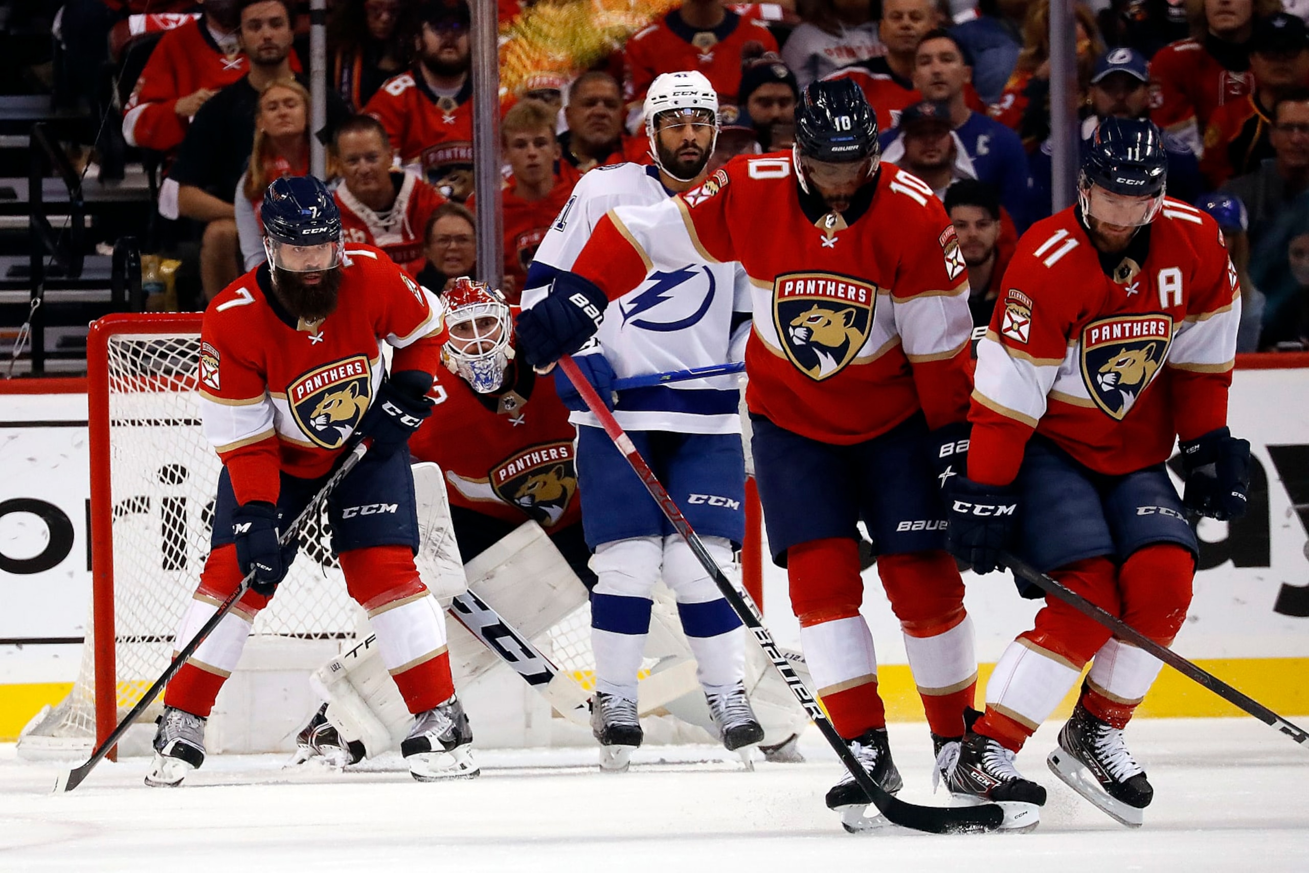SUNRISE, FL - MAY 19: Goaltender Sergei Bobrovsky #72 of the Florida Panthers is tucked behind teammates blocking the puck against the Tampa Bay Lightning in Game Two of the Second Round of the 2022 Stanley Cup Playoffs at the FLA Live Arena on May 19, 2022 in Sunrise, Florida. (Photo by Eliot J. Schechter/NHLI via Getty Images)