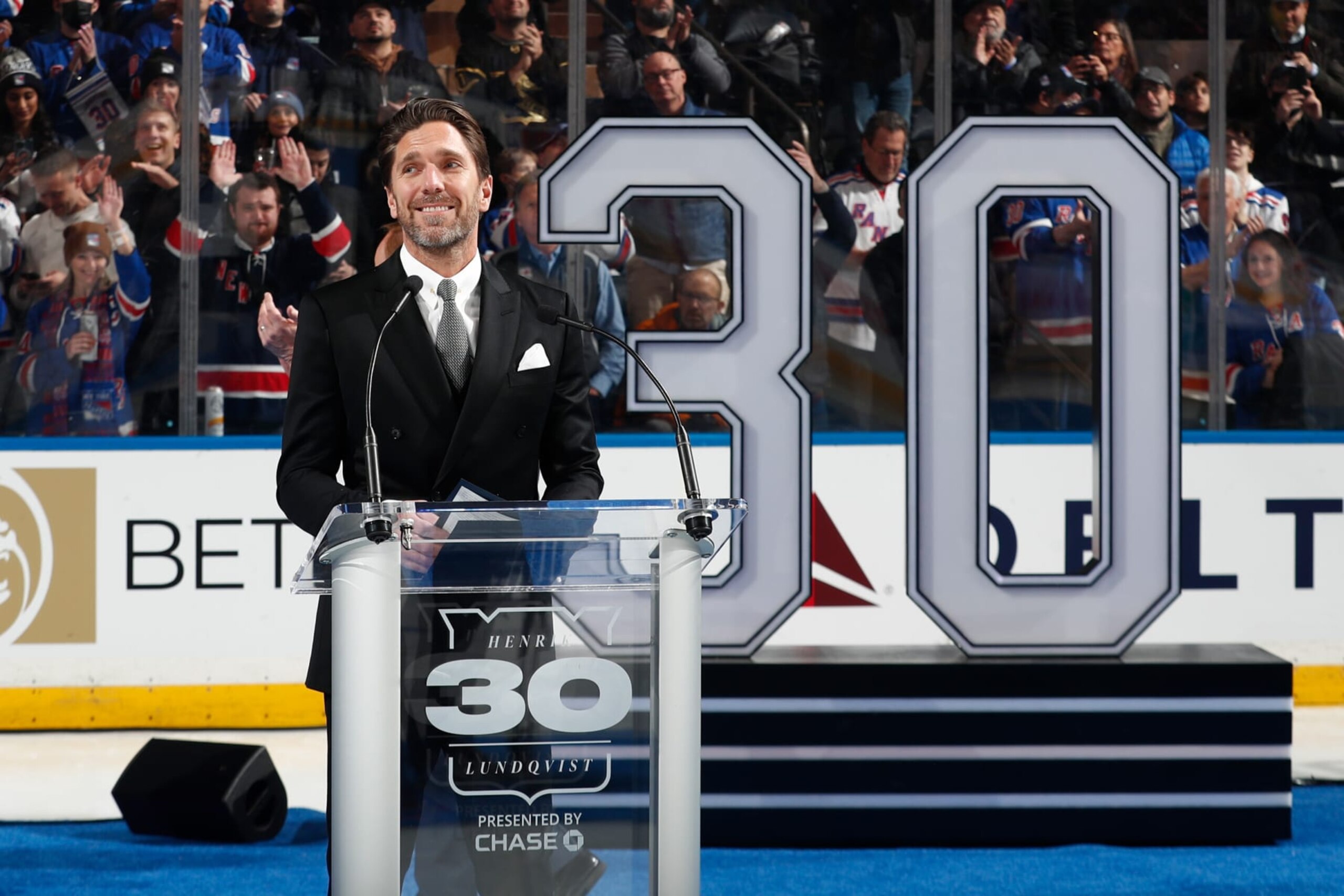NEW YORK, NY - JANUARY 28:  Former New York Rangers goaltender Henrik Lundqvist #30 speaks during his jersey retirement night prior to the game against the Minnesota Wild at Madison Square Garden on January 28, 2022 in New York City. (Photo by Jared Silber/NHLI via Getty Images)