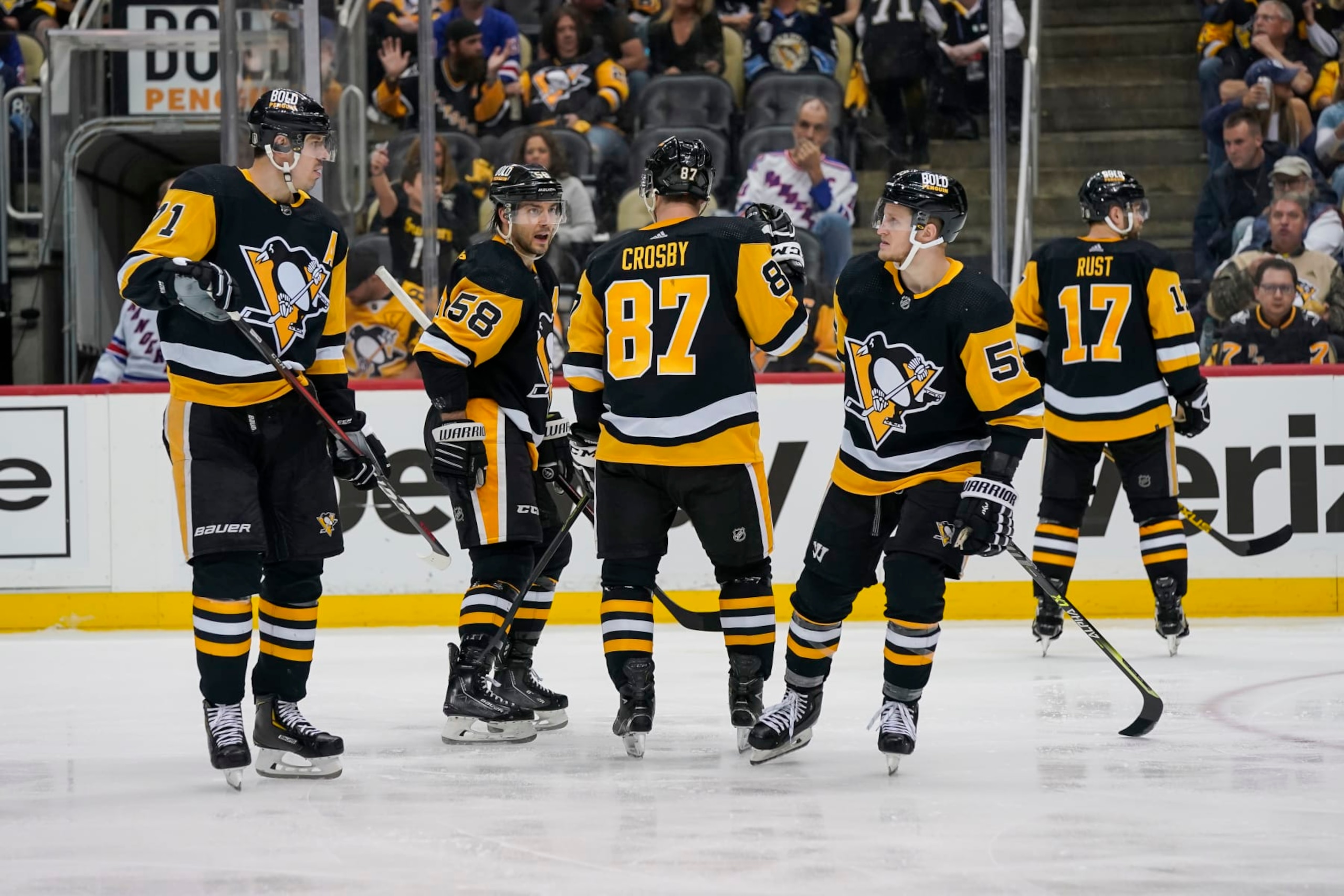 PITTSBURGH, PA - MAY 09: The Pittsburgh Penguins power play unit of center Evgeni Malkin (71), defenseman Kris Letang (58), center Sidney Crosby (87), left wing Jake Guentzel (59) and right wing Bryan Rust (17) get ready for play to resume in Game Four of the First Round in the 2022 NHL Stanley Cup Playoffs between the New York Rangers and the Pittsburgh Penguins on May 9, 2022, at PPG Paints Arena in Pittsburgh, PA. (Photo by Jeanine Leech/Icon Sportswire via Getty Images)