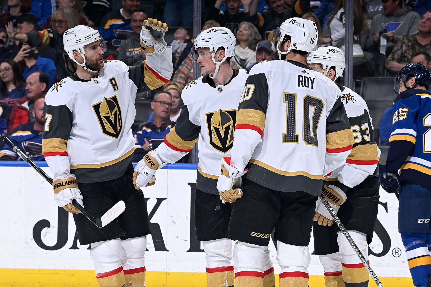 ST. LOUIS, MO - APRIL 29: Jack Eichel #9 of the Vegas Golden Knights is congratulated after scoring a goal against the St. Louis Blues at the Enterprise Center on April 29, 2022 in St. Louis, Missouri. (Photo by Scott Rovak/NHLI via Getty Images)
